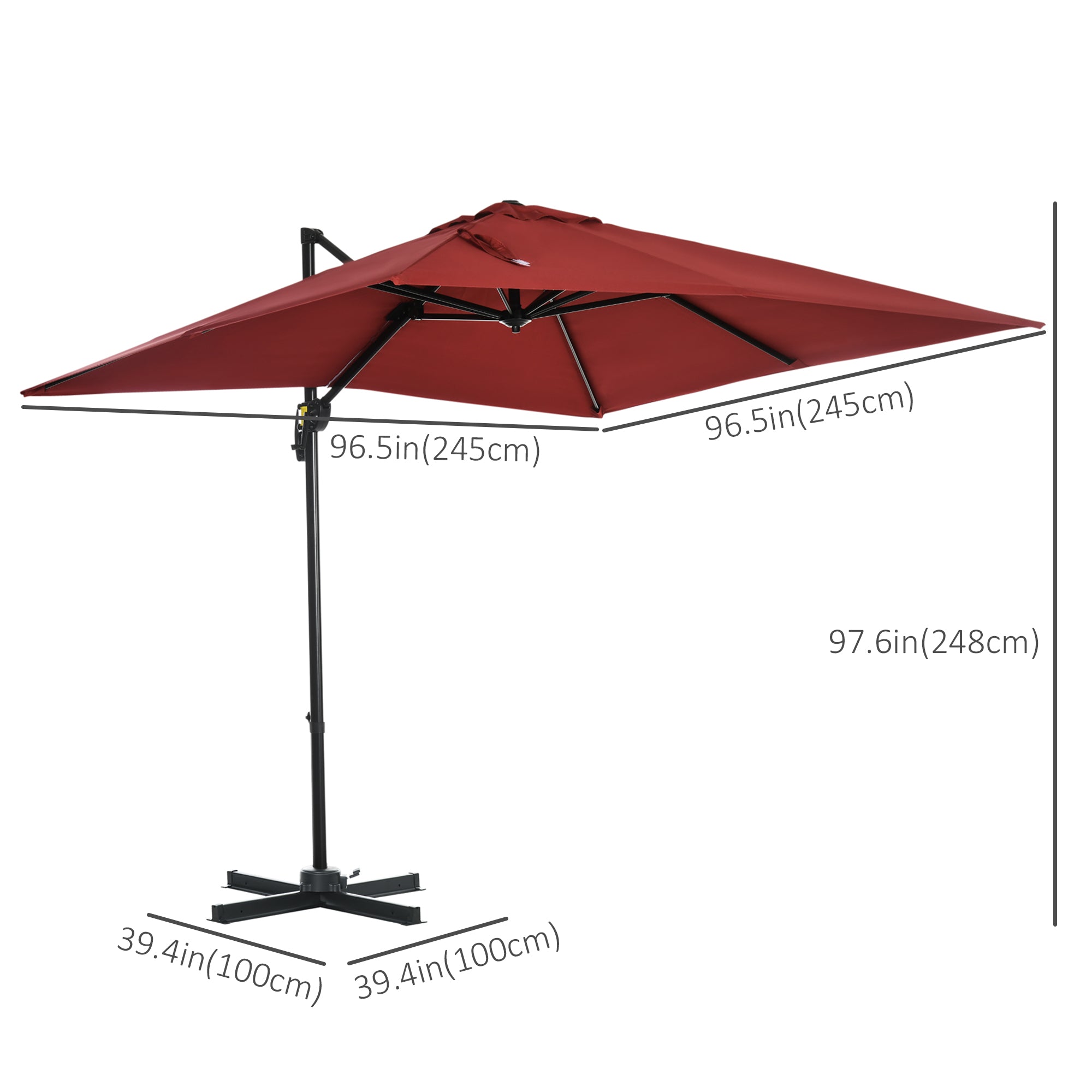 8' x 8' Square Patio Hanging Offset Umbrella with 360° Rotation, Aluminum Outdoor Cantilever Parasol with Crank & Tilt, Sun Canopy Shelter with Cross Base, Wine Red