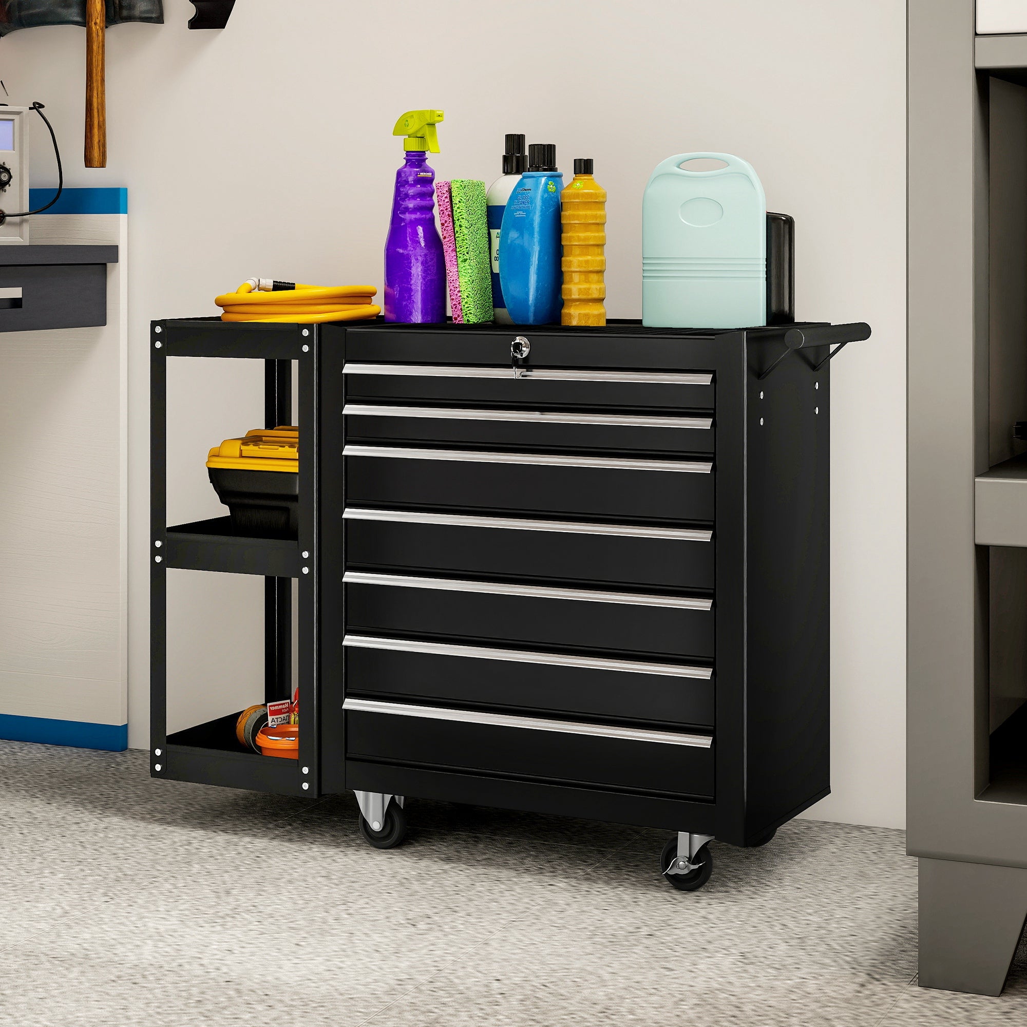 7-Drawer Rolling Tool Chest with Detachable Side Shelf, Lockable Tool Cabinet Box Organizer with Wheels, Black