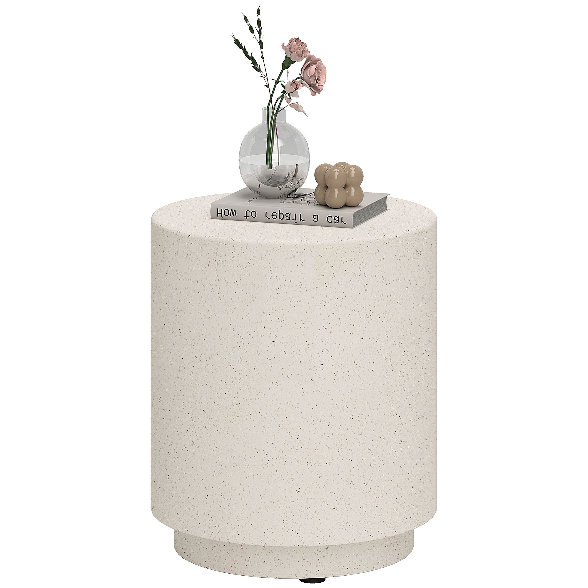 Terrazzo Finish Side Table, 17" Round End Table for Indoor and Outdoor, Cream White