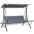 3 Seat Outdoor Swing Chair Steel Swing Bench Porch Swing With Adjustable Canopy, Coffee Tables and Cushion for Patio Garden, Dark Grey