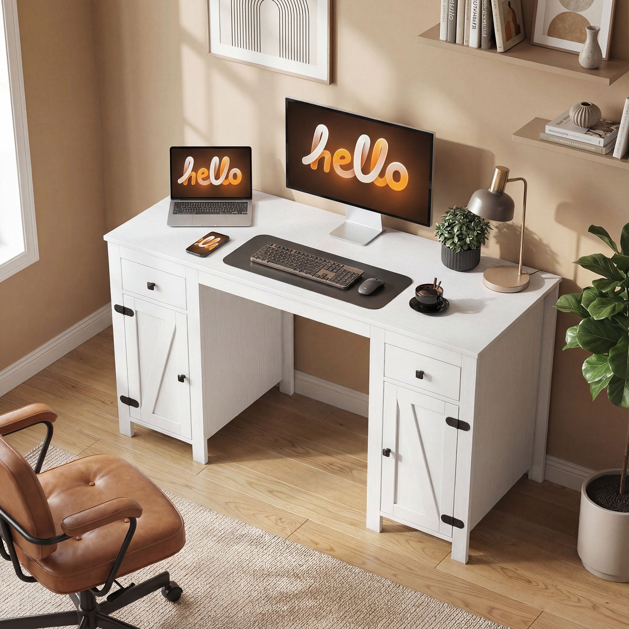53" Farmhouse Executive Desk, Computer Desk with Drawers and 2 Cabinets, Study Table for Home Office, Black Wood Grain