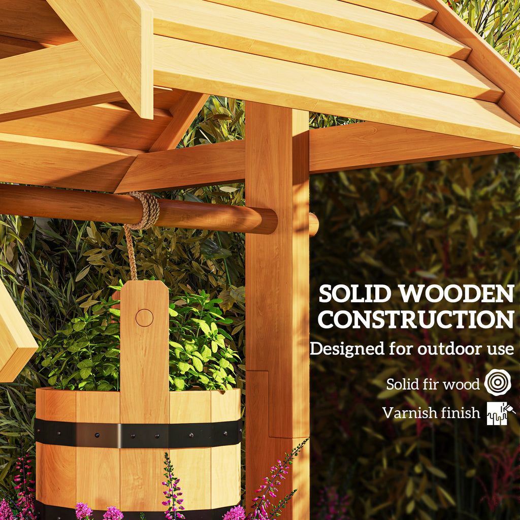 Wood Wishing Well Outdoor Wooden Planter with Hanging Bucket and Drainage Hole for Garden, Patio, Backyard, Orange