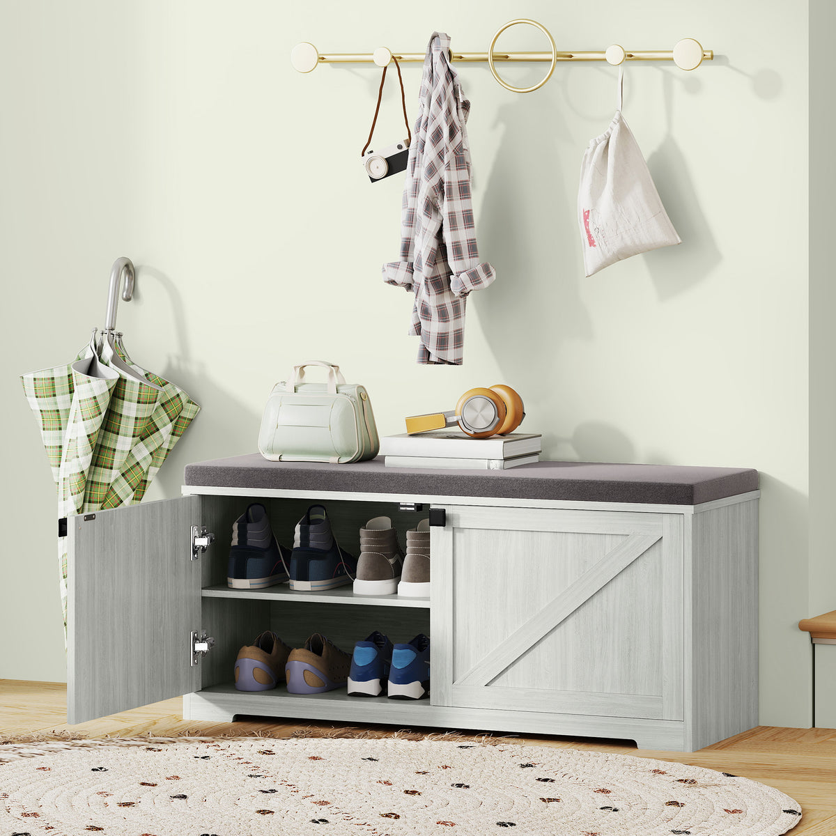 Shoe Storage Bench with Padded Seat, Entryway Bench Holds up to 352 lb, Shoe Organizer, 8 Pairs, Light Grey