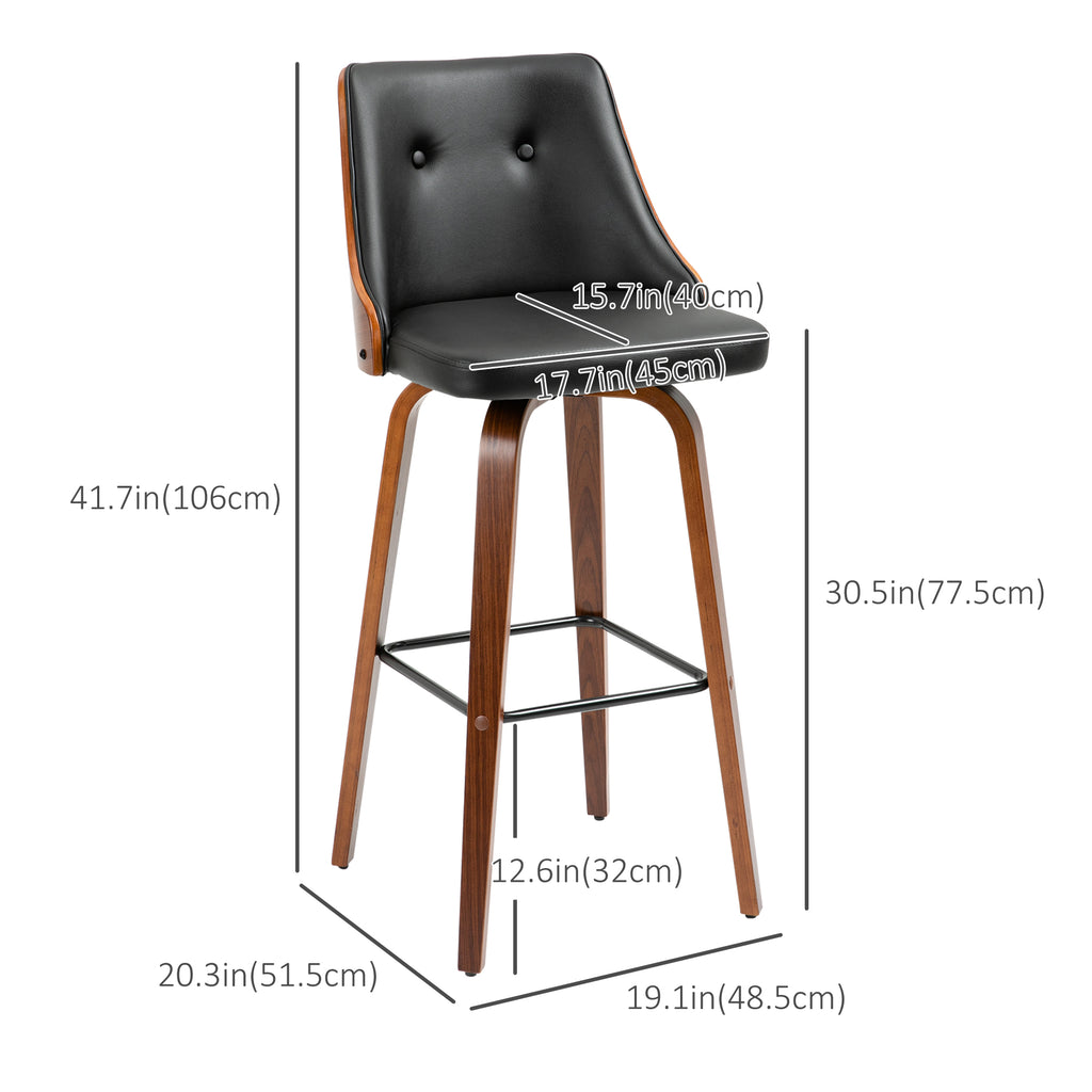 Bar Height Bar Stools Set of 2, PU Leather Upholstered Swivel Barstools with Solid Wood Legs Footrest and Tufted Back, Black