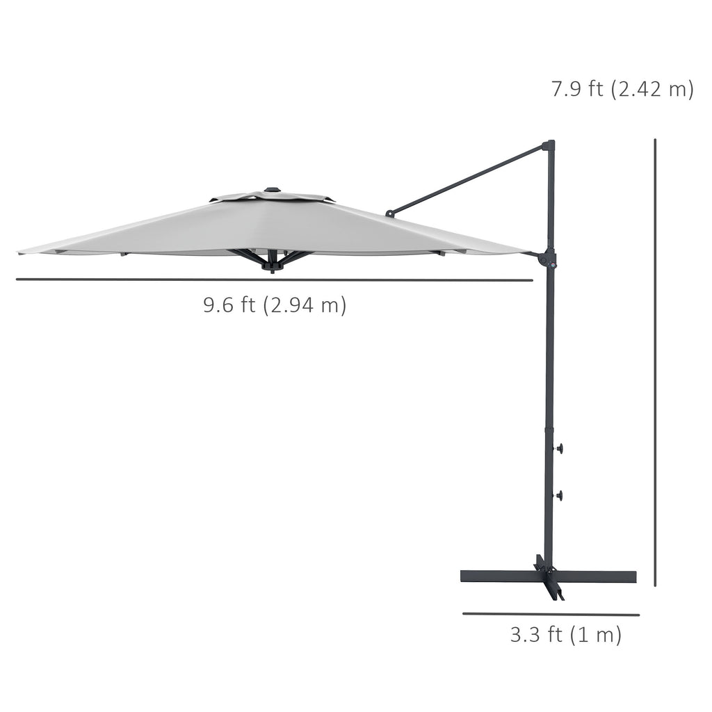 10 FT Cantilever Umbrella, Aluminum Hanging Offset Umbrella with 360°Rotation, Crank, Tilt, Cross Base, Grey