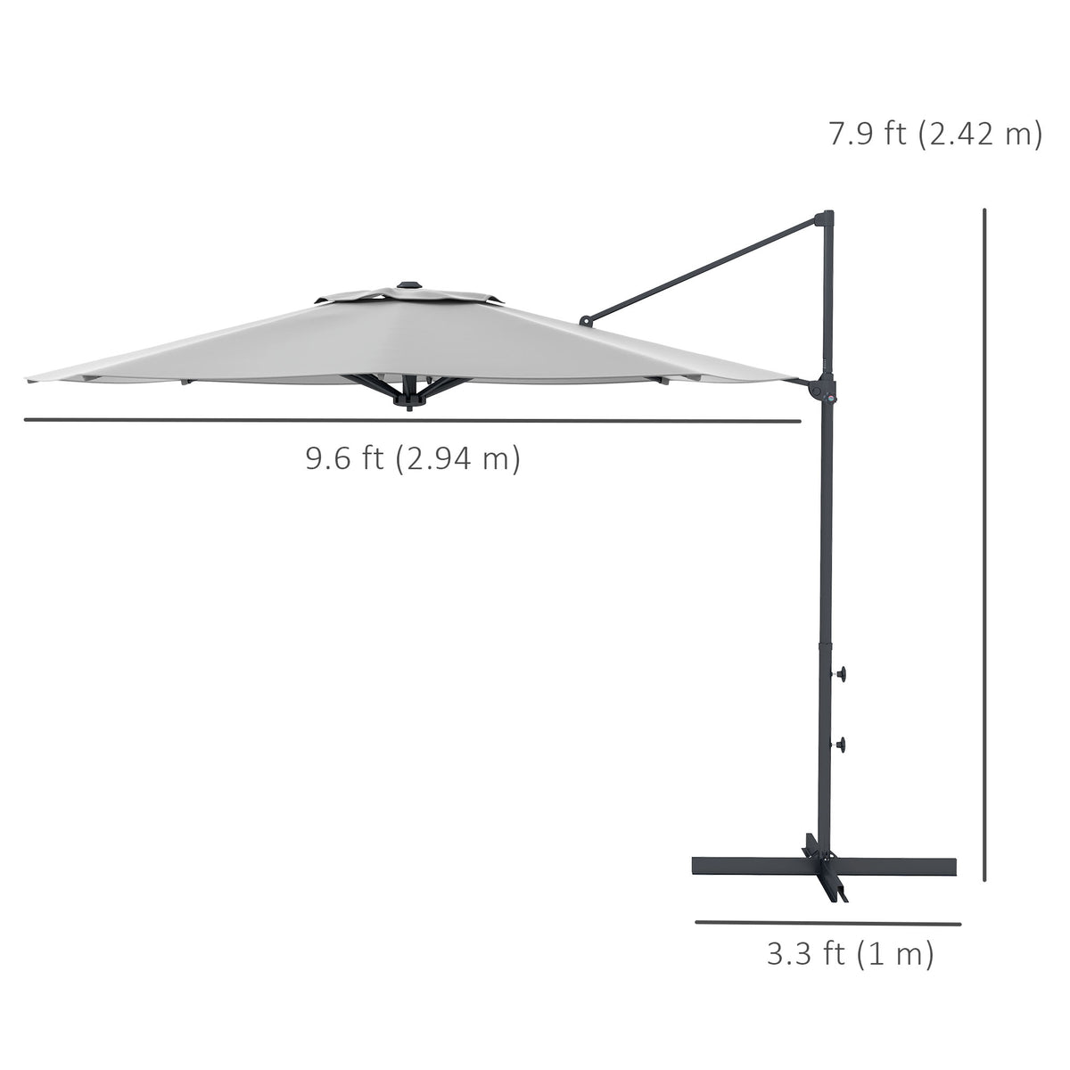 10 FT Cantilever Umbrella, Aluminum Hanging Offset Umbrella with 360°Rotation, Crank, Tilt, Cross Base, Grey