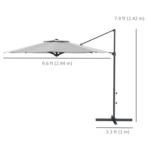 10 FT Cantilever Umbrella, Aluminum Hanging Offset Umbrella with 360°Rotation, Crank, Tilt, Cross Base, Grey