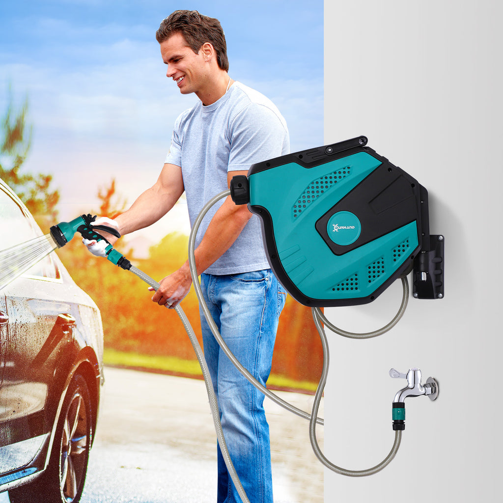 Retractable Garden Hose Reel 1/2" x 49 ft Wall Mounted with Automatic Rewind, 180° Swivel Bracket, Any Length Lock, 7 Pattern Hose Nozzle