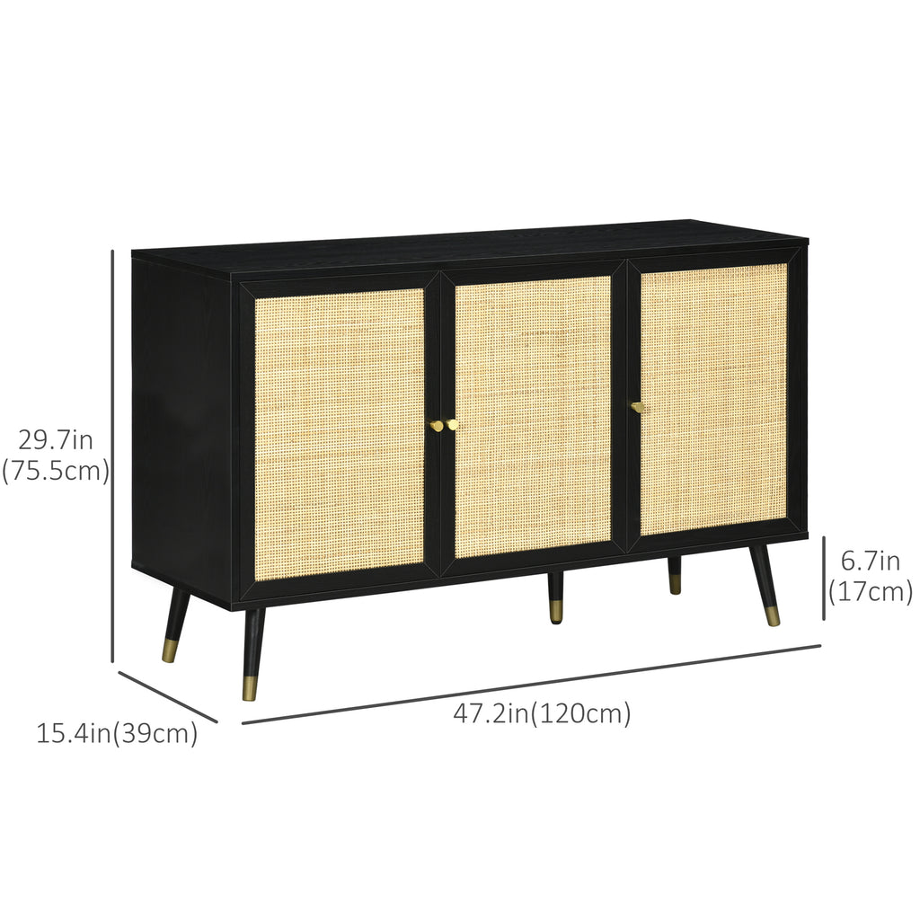 Kitchen Sideboard Cabinet, Boho Storage Cabinet with Shelves, Wood Legs, Decorative Rattan Doors, Black