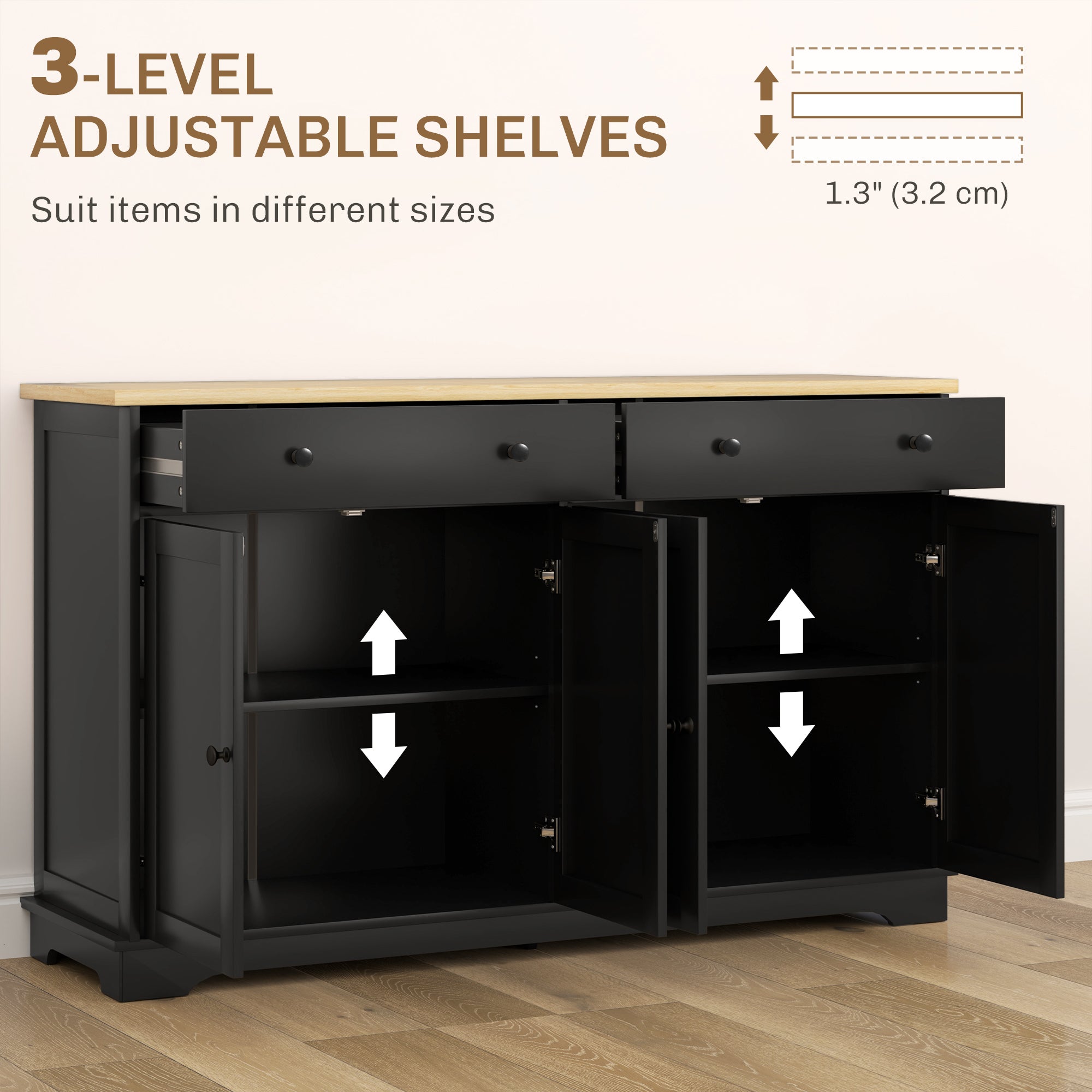 Modern Sideboard, Buffet Cabinet with Storage Drawers, Adjustable Shelves for Living Room, Dining Room, Entryway, White