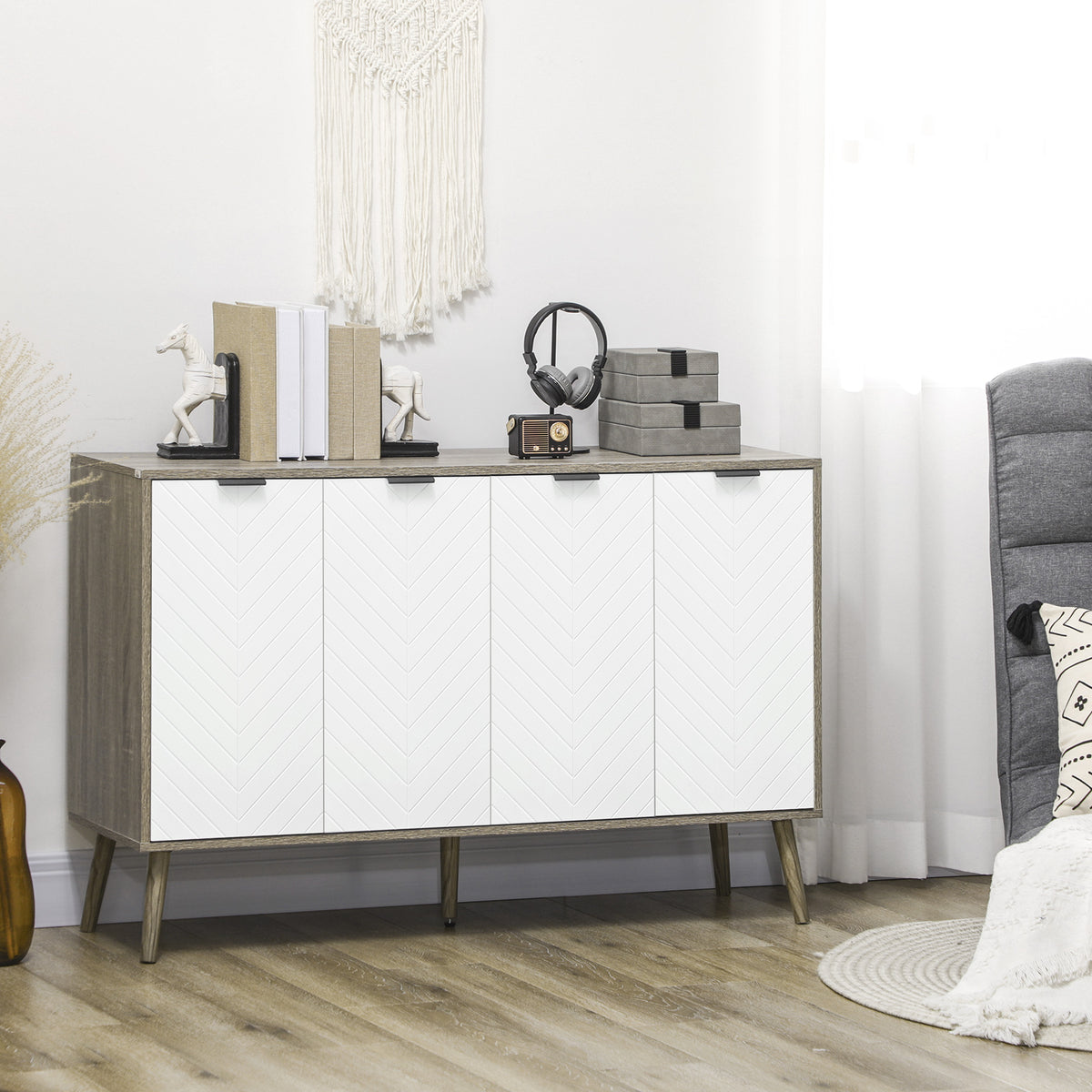 Modern Sideboard and Buffet, Dining Room Cabinet with Adjustable Shelves and 4 Doors, Grayish Brown