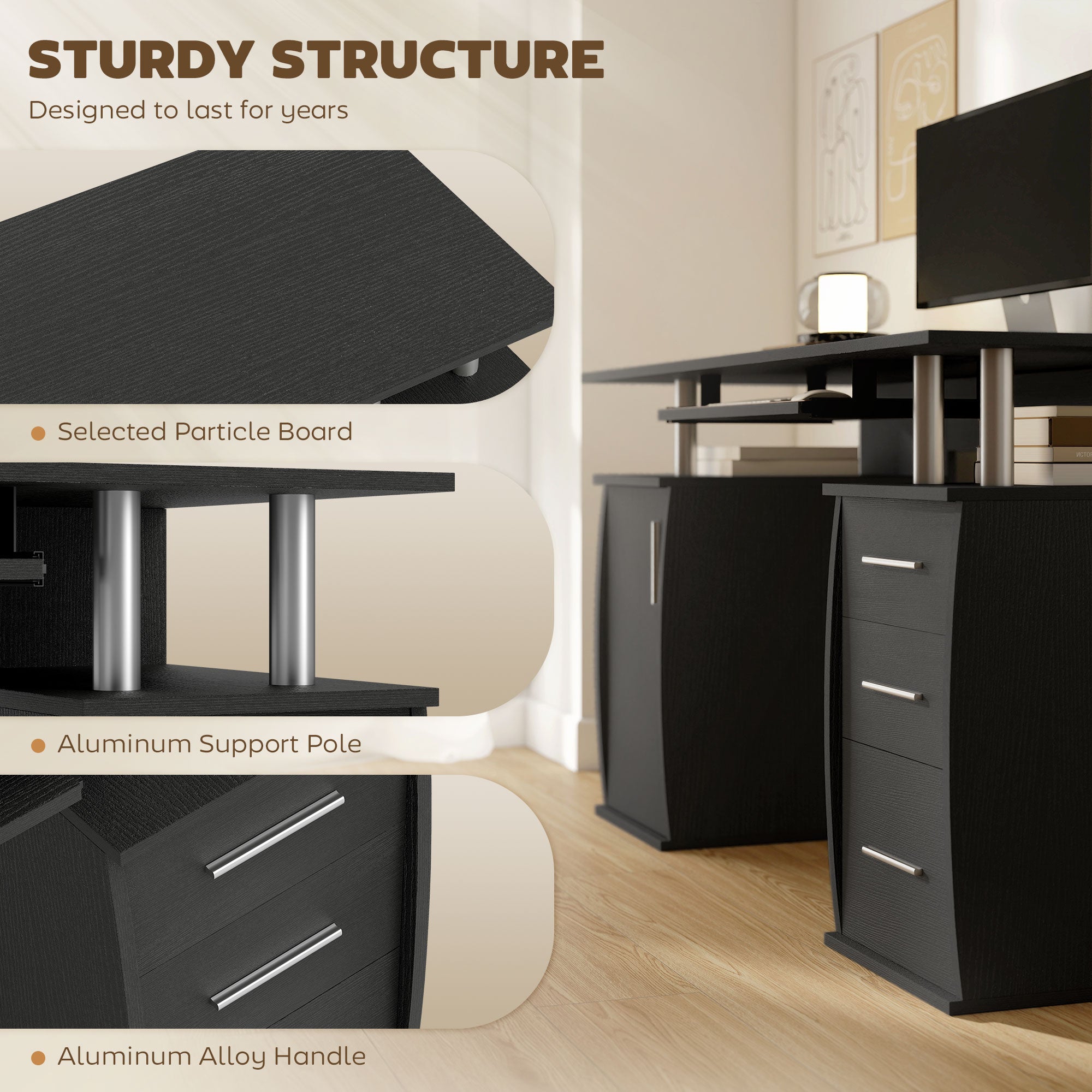 47" Computer Desk with Keyboard Tray and Storage Drawers, Home Office Workstation Table with Storage Shelves, White