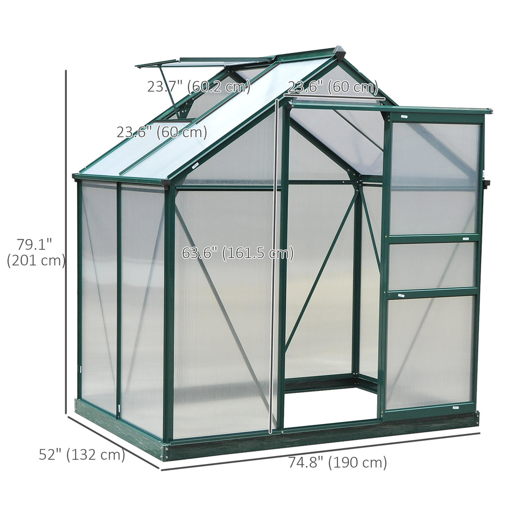 6.2' x 4.3' x 6.6' Clear Polycarbonate Greenhouse Large Walk-In Green House Garden Plants Grow Galvanized Base Aluminium Frame w/ Slide Door