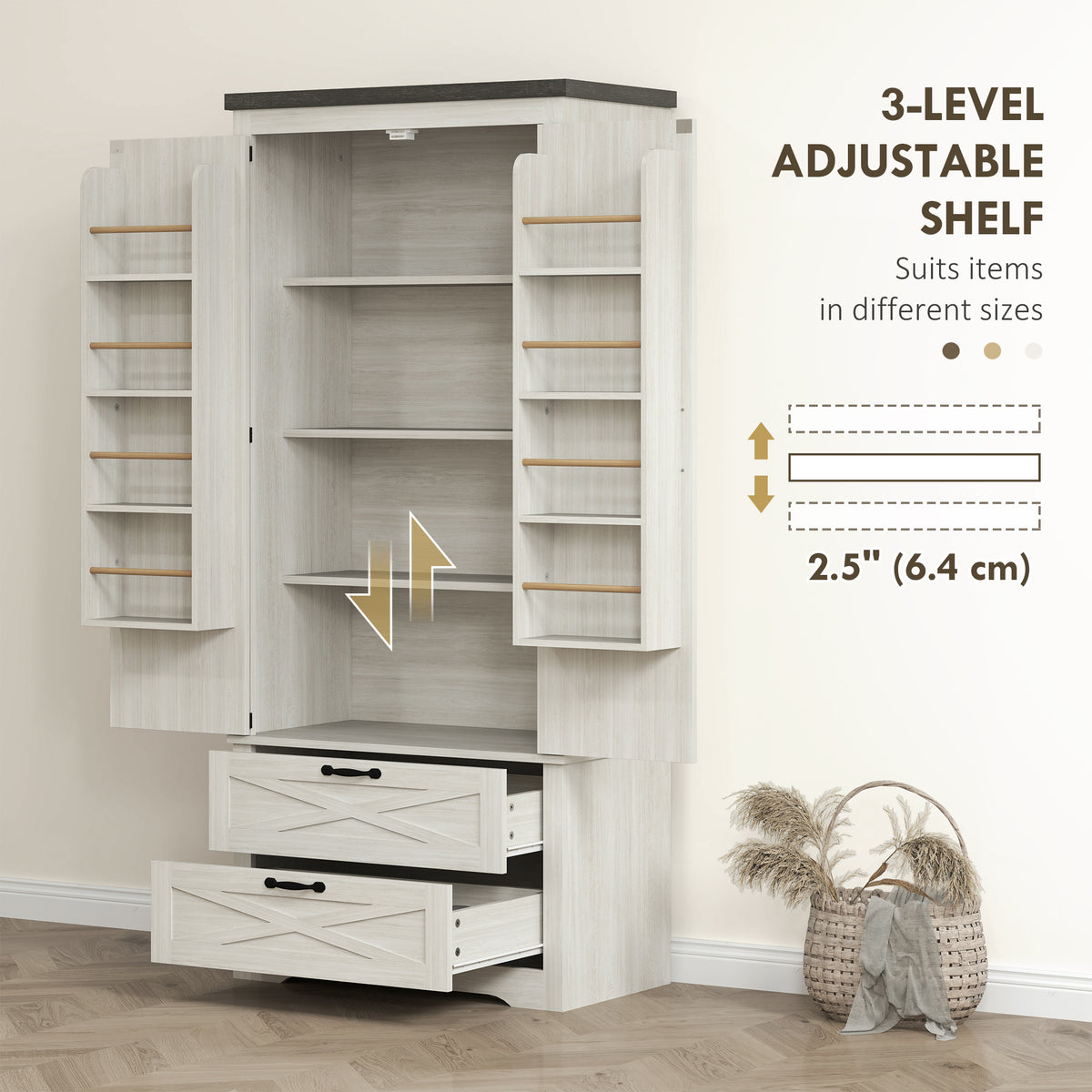 Farmhouse Kitchen Pantry Storage Cabinet, 64" Freestanding Kitchen Pantry Cabinet with Drawers, Distressed White