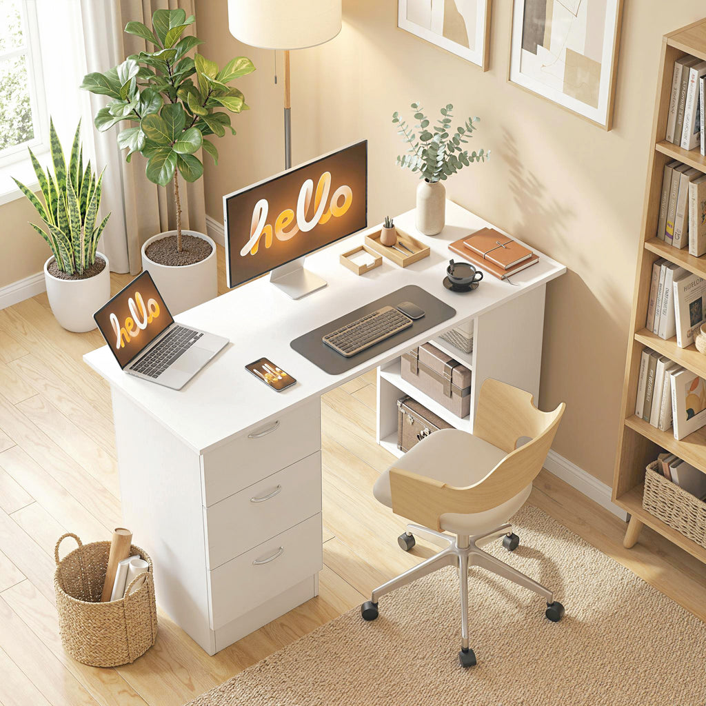Computer Desk, 47" Writing Table with 3-Tier Shelves and 3 Reversible Drawers for Home Office, Bedroom, White