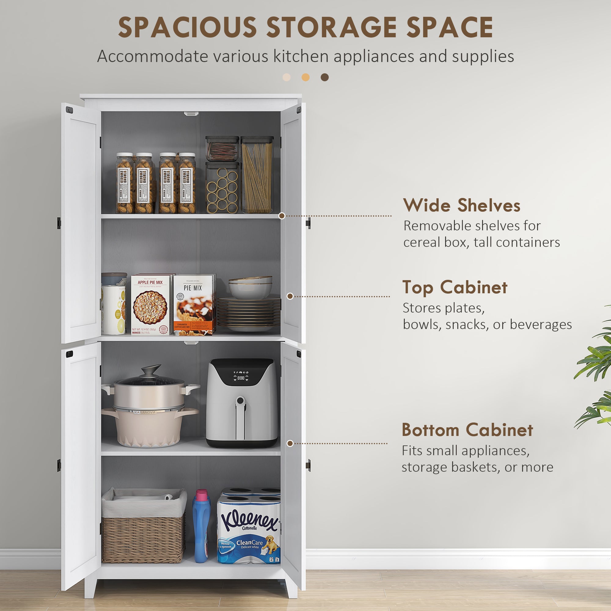 72" Freestanding Storage Cabinet, Kitchen Pantry Cabinet with Doors and Shelves for Dining Room, White