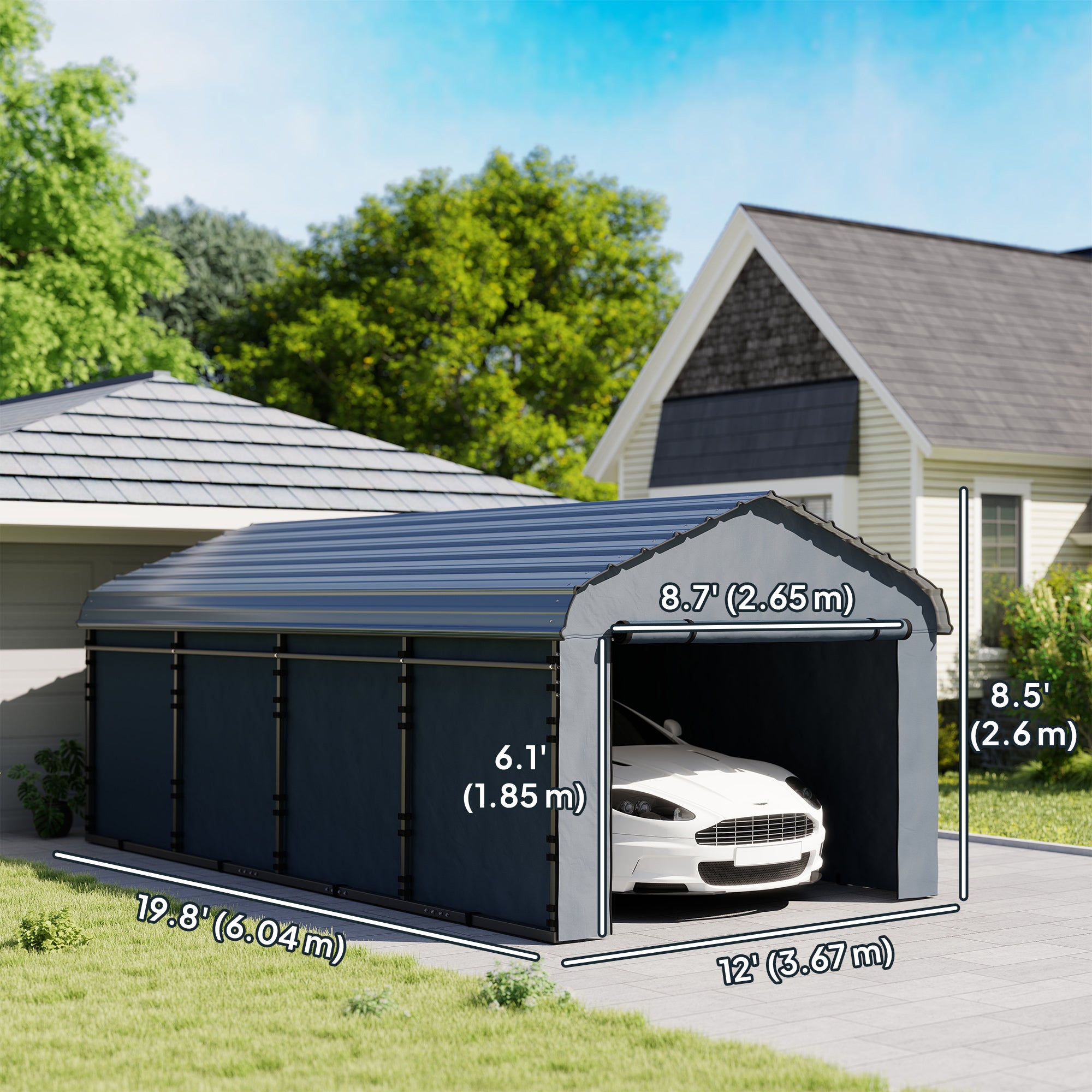 10' x 15' Metal Carport, Heavy Duty Garage Car Shelter with Galvanized Metal Roof and Removable Sidewalls, Dark Grey