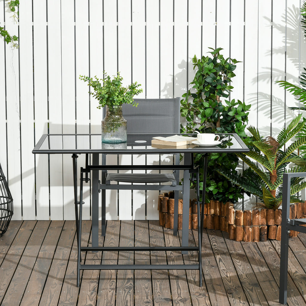 Foldable Outdoor Dining Table with Umbrella Hole, Patio Table for 6 with Glass Top Table, Metal Frame for Garden Lawn Backyard, Black