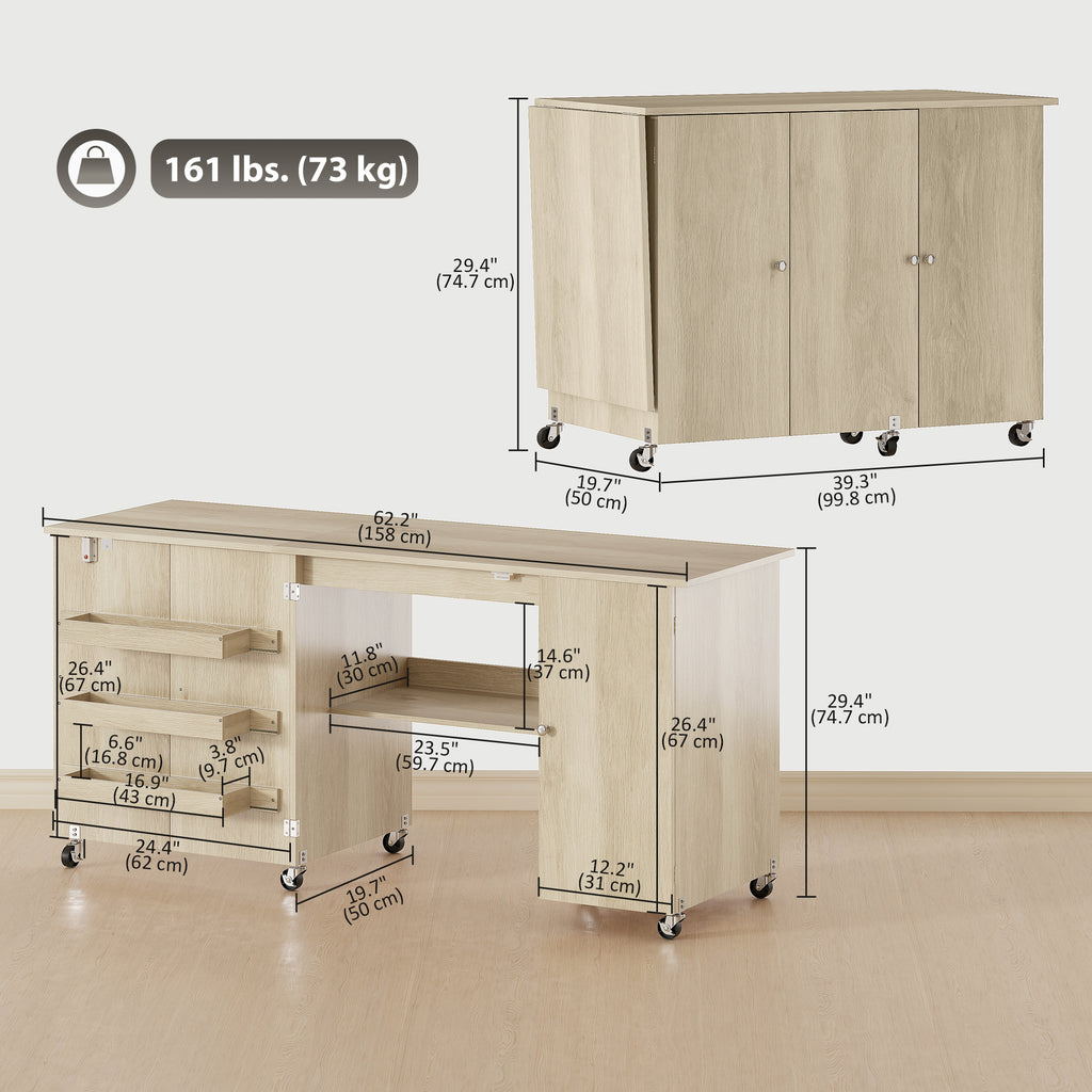 Sewing Machine Table with Drop Leaf, Folding Craft Table with 2 Doors and Adjustable Shelf for Small Spaces, Natural