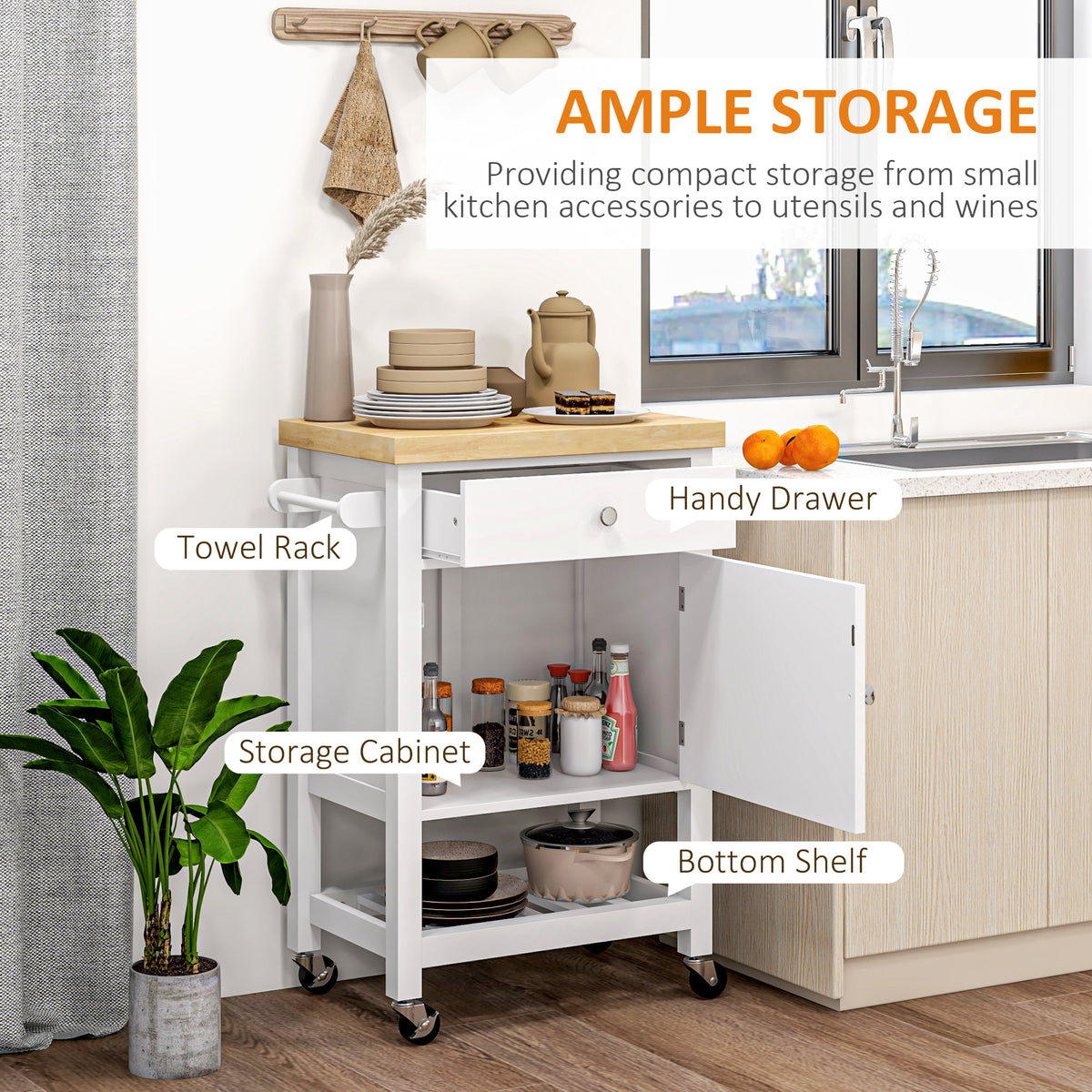 Kitchen Cart on Wheels, Rolling Kitchen Island Cart with Wood Top, Towel Rack, Drawer and Shelf for Dining Area, White