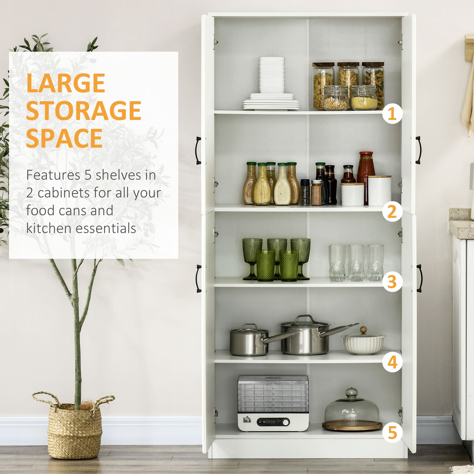 71" Freestanding Kitchen Pantry Cabinet, Storage Cabinet with 4 Hinged Doors and Adjustable Shelves, White