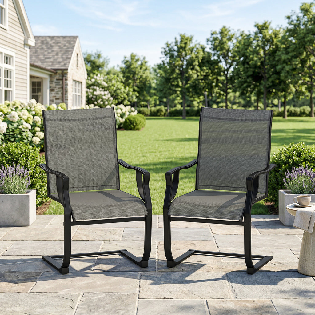 C Spring Motion Patio Chairs Set of 2 with Curved High Backrest, Armrest, All Weather Breathable Fabric, Metal Frame