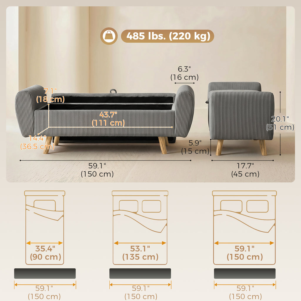 Storage Ottoman, 59" Corduroy End of Bed Storage Bench for King Size Bed with Wooden Legs and Rolled Arms, Dark Grey
