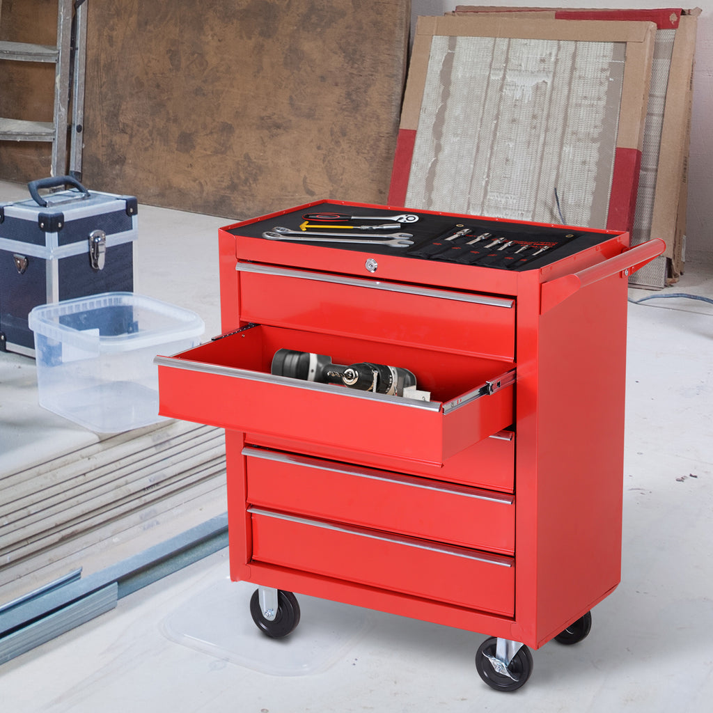 5 Drawer Roller Tool Chest, Mobile Lockable Toolbox, Storage Organizer with Handle for Workshop Mechanics Garage, Red