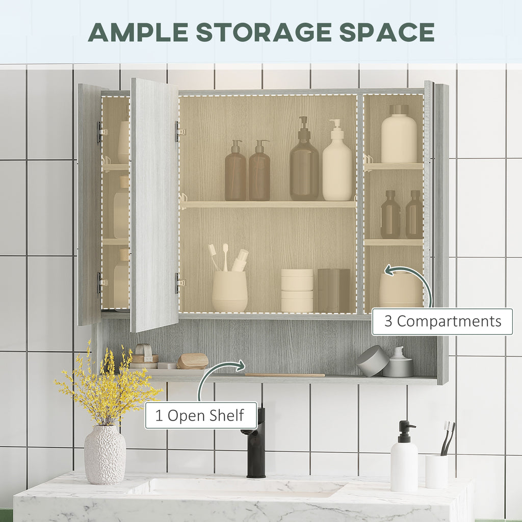 Wall Mounted Bathroom Medicine Cabinet with Mirror and Adjustable Shelves, Grey
