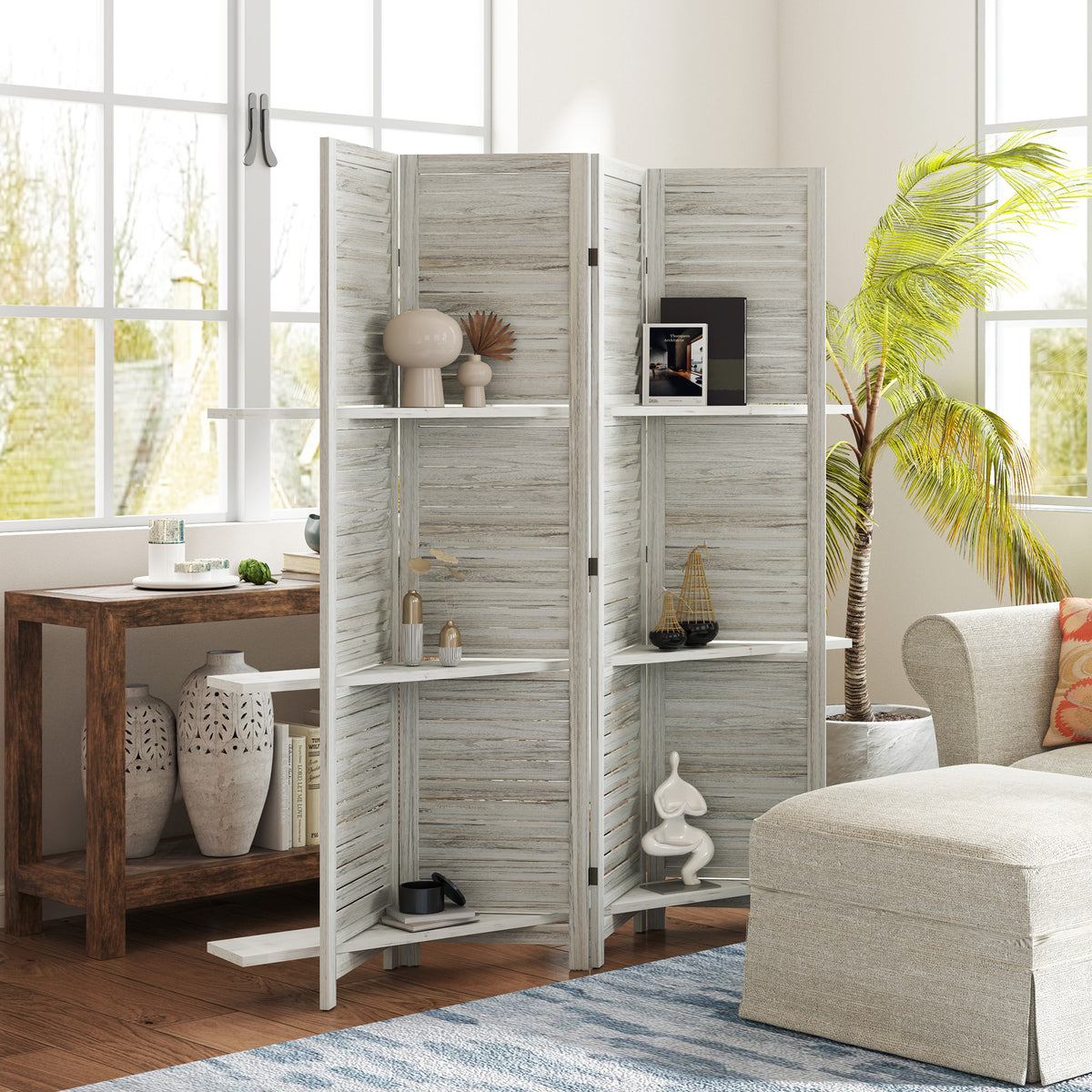 4-Panel Wall Partition Room Separator with 3 Storage Shelves Foldable Design Wooden Frame 5.6FT Distressed White