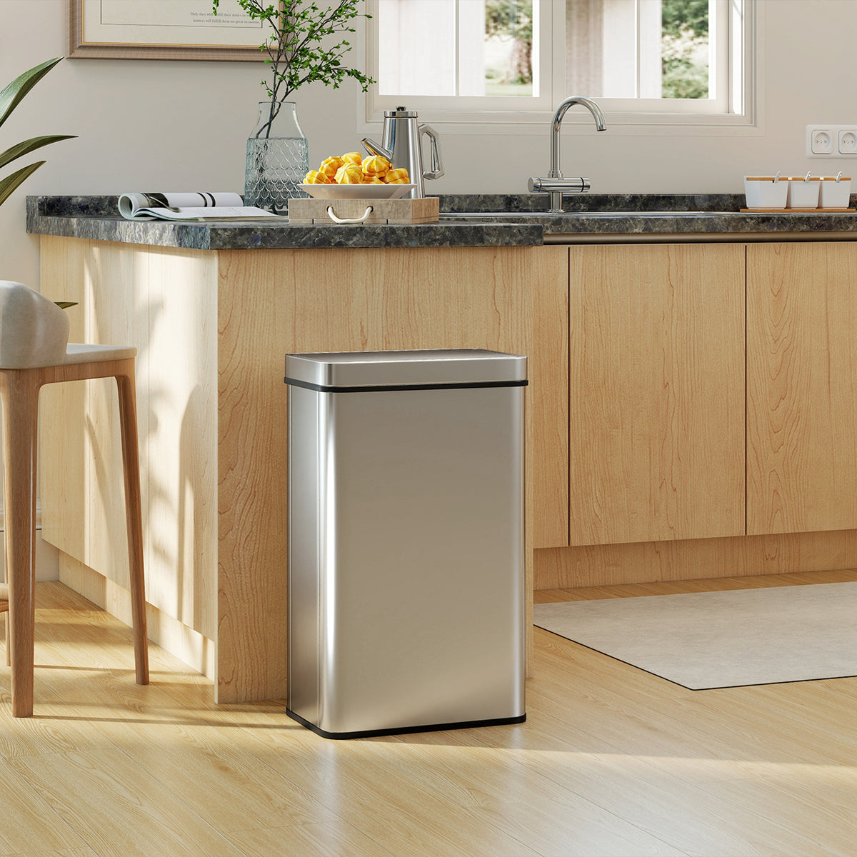 13.2 Gallon Sensor Can, Automatic Garbage Can with Soft-Close Lid, Fingerprint-Proof Stainless Steel, Silver