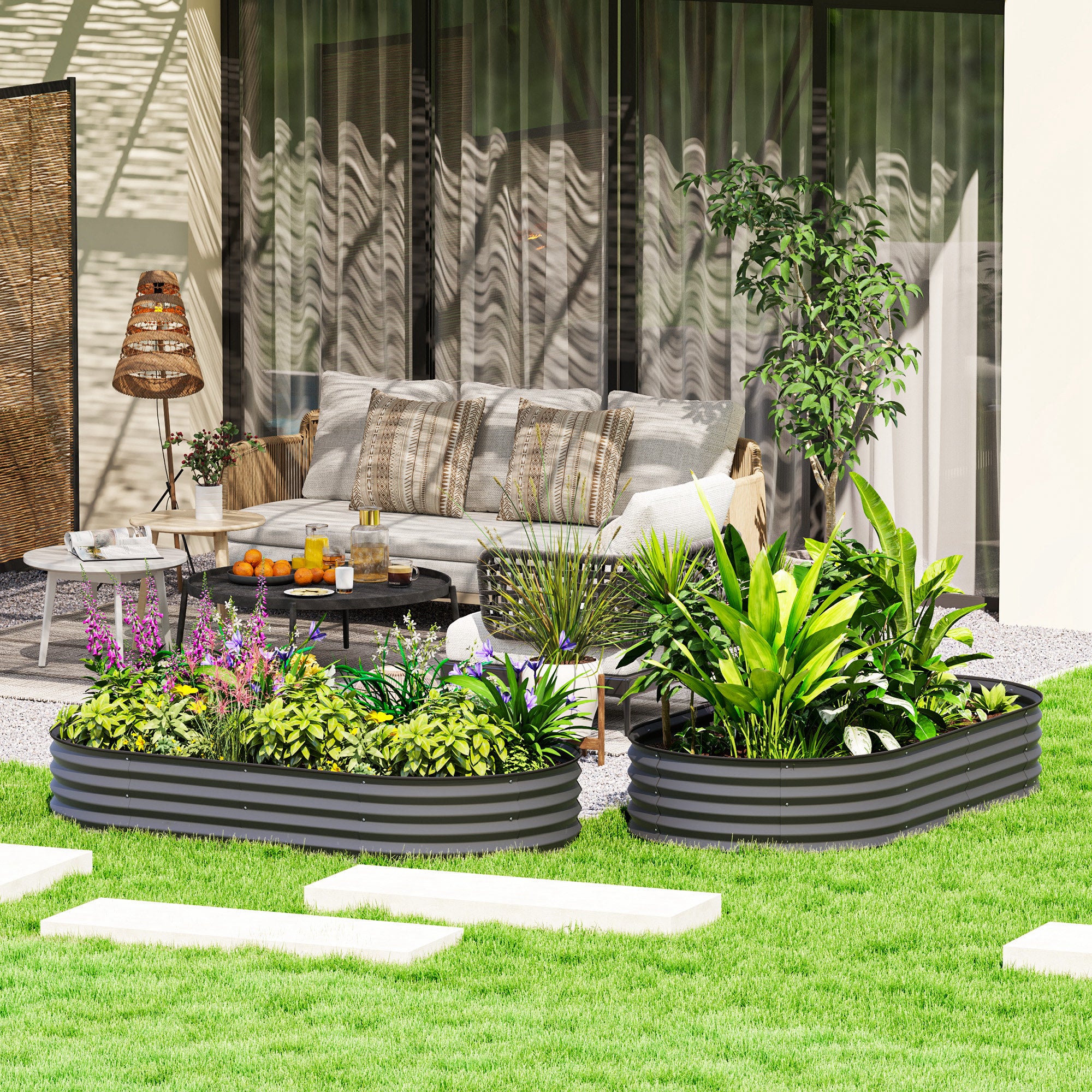 صندوق زراعة خارجي كبير 6' × 3' × 1'، حوض حديقة مرتفع مجلفن مع وتد نبات معدني، رمادي داكن