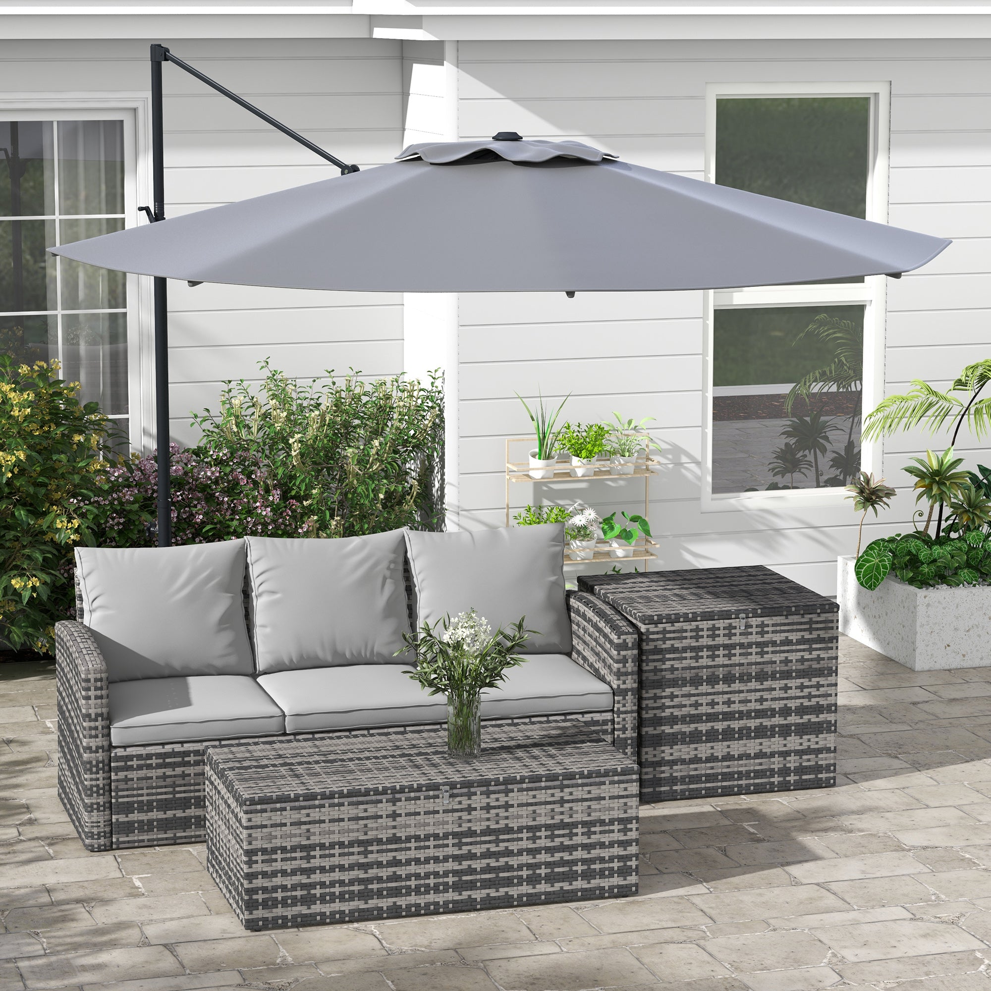 10 FT Cantilever Umbrella, Aluminum Hanging Offset Umbrella with 360°Rotation, Crank, Tilt, Cross Base, Grey