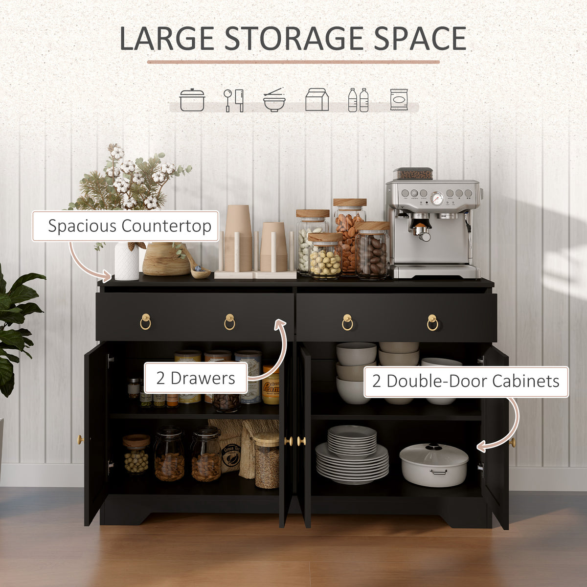 Sideboard Cabinet with 2 Drawers, 4 Barn Doors and 2 Adjustable Shelves, Buffet Table for Living Room, Black