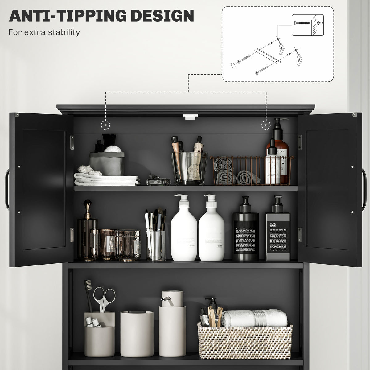 Modern Over The Toilet Storage, Bathroom Cabinets Over Toilet with Open Shelves and Double Door Cabinet, White