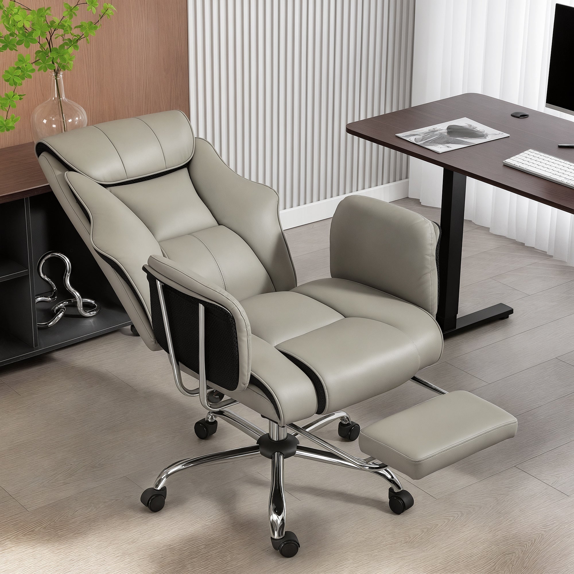 Reclining Office Chair, Overstuffed Executive Desk Chair with High Back, PU Leather, Footrest, Swivel Wheels, Black