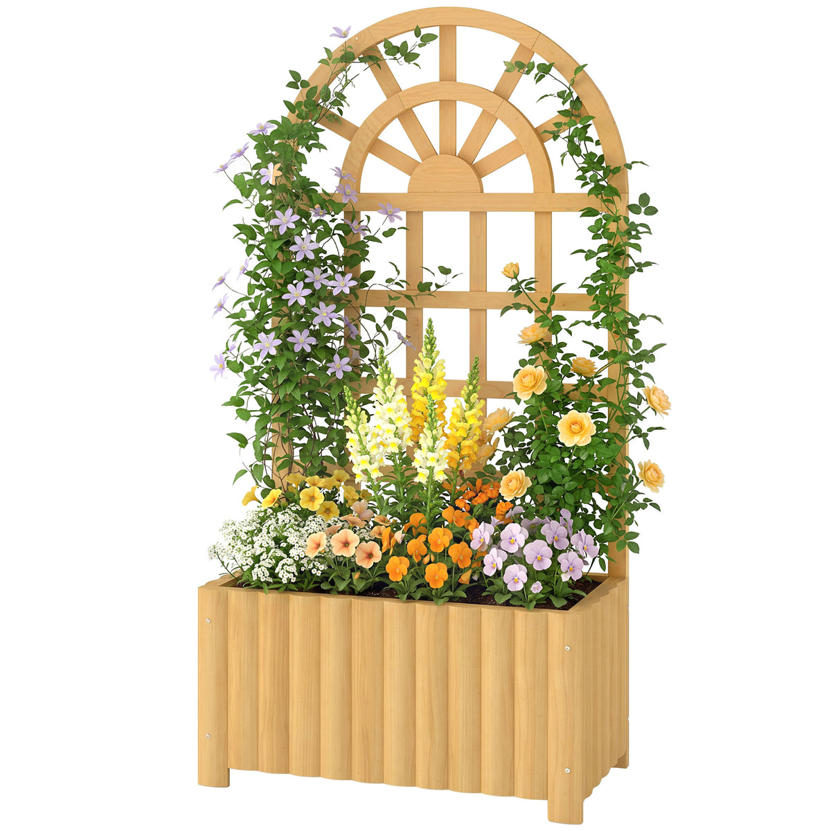 Wooden Raised Garden Bed with Lattice Trellis, Outdoor Elevated Planter Box with Drainage Holes for Climbing Plants