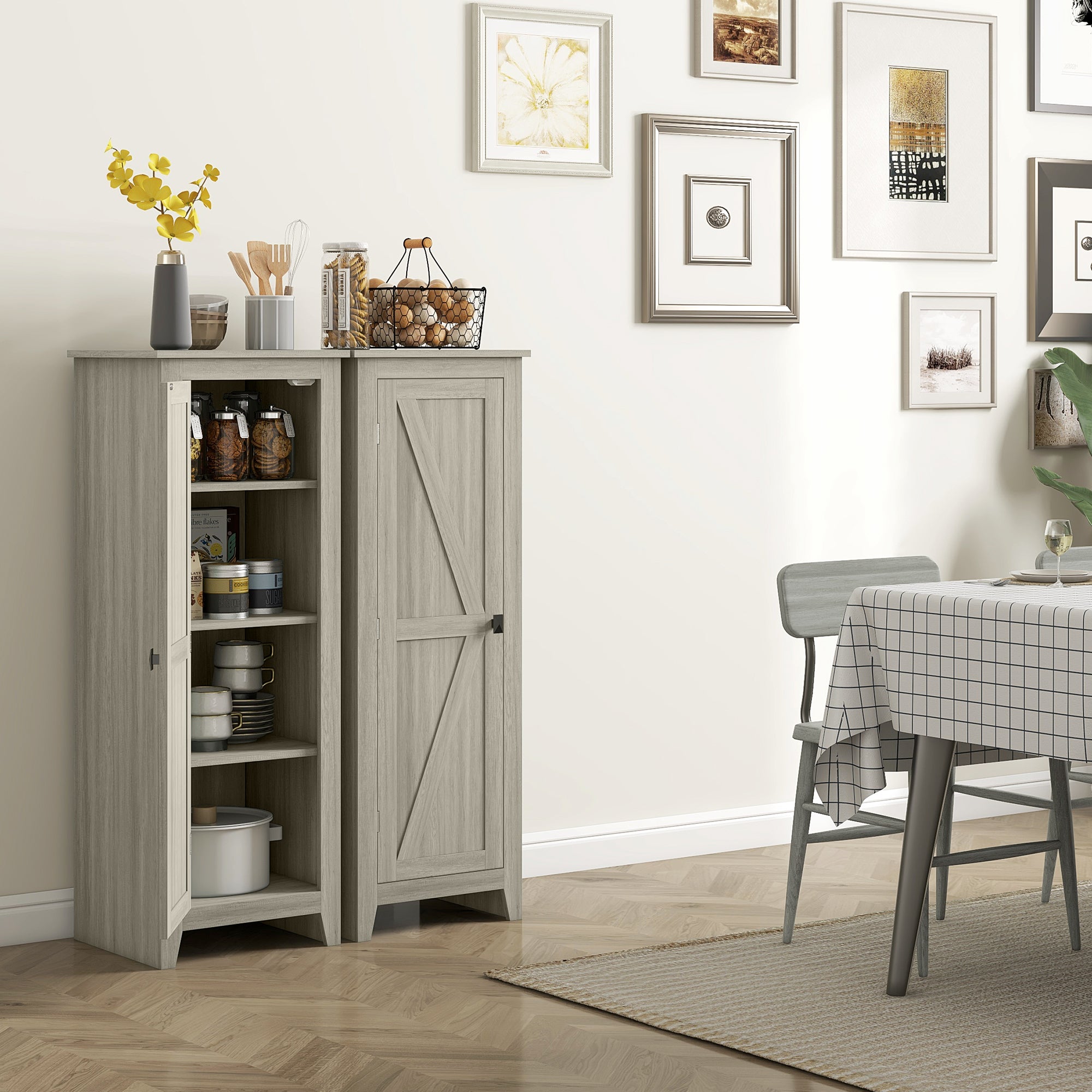48" Kitchen Pantry Storage Cabinet w/ Barn Door, Kitchen Pantry Cabinet w/ Adjustable Shelves, Grey Wood Grain