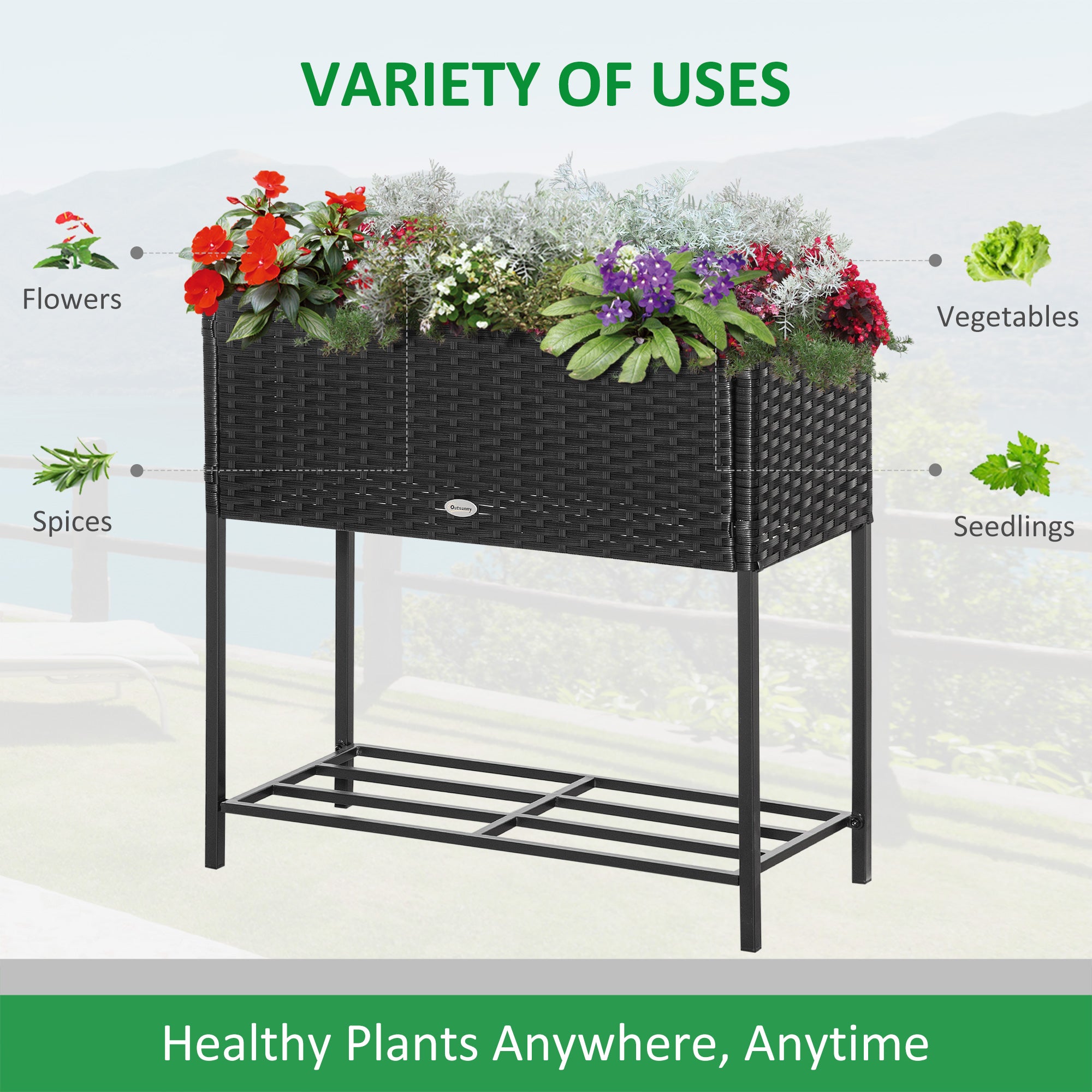 Rattan Raised Garden Boxes, Elevated Flower Beds with Storage Shelf for Herbs, Flowers, Vegetables, Brown