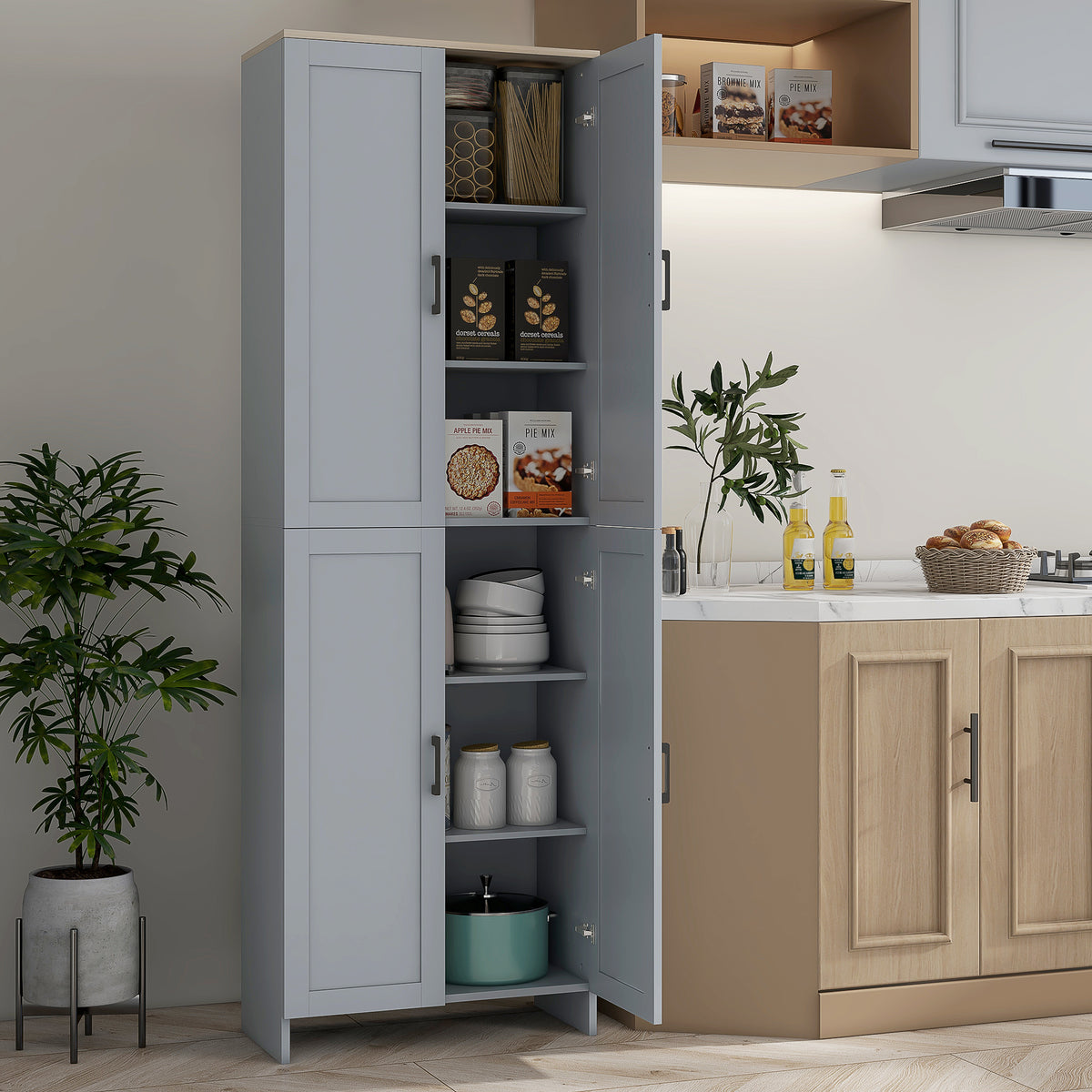 67" 4-Door Kitchen Pantry Cabinet, Freestanding Storage Cabinet Cupboard with Adjustable Shelves, White