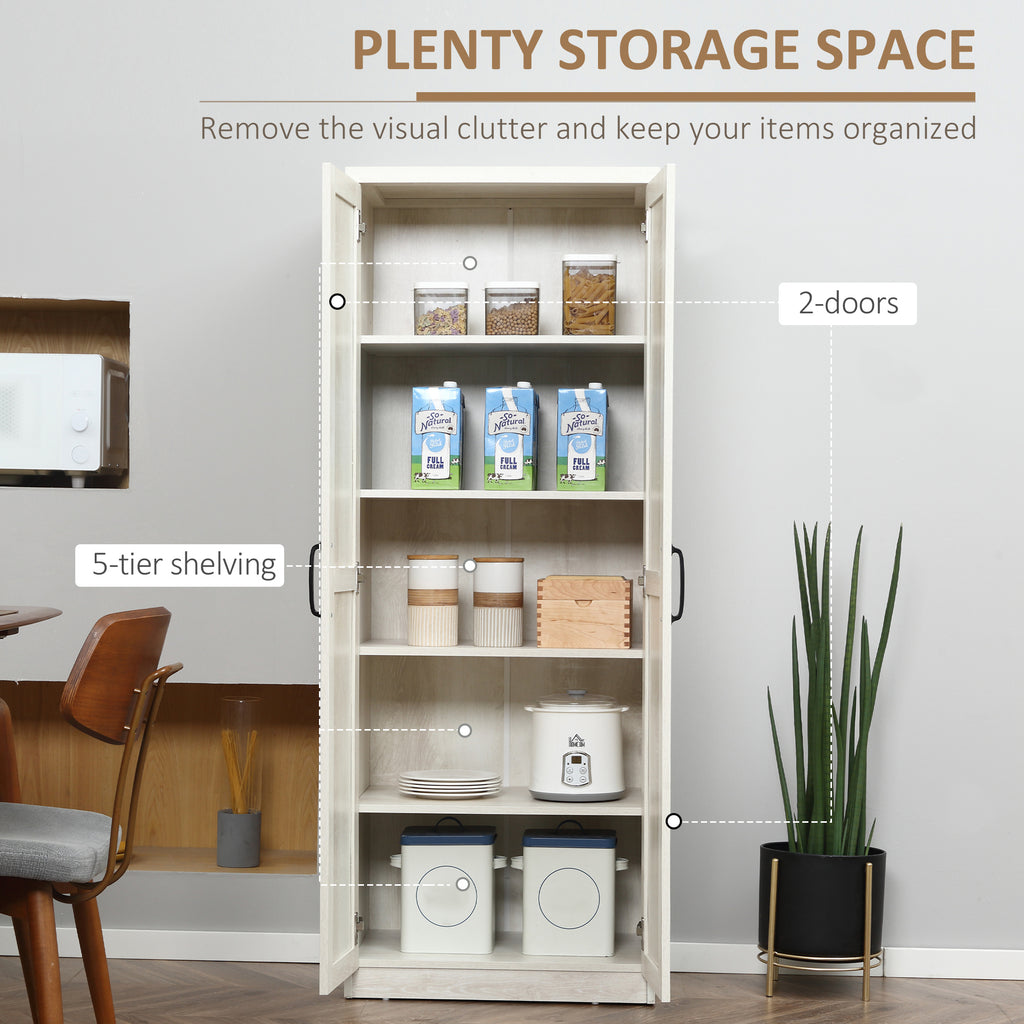 63" Kitchen Storage Cabinet, 5-tier Pantry Cabinet with Doors and Adjustable Shelves for Dining Room, Distressed White