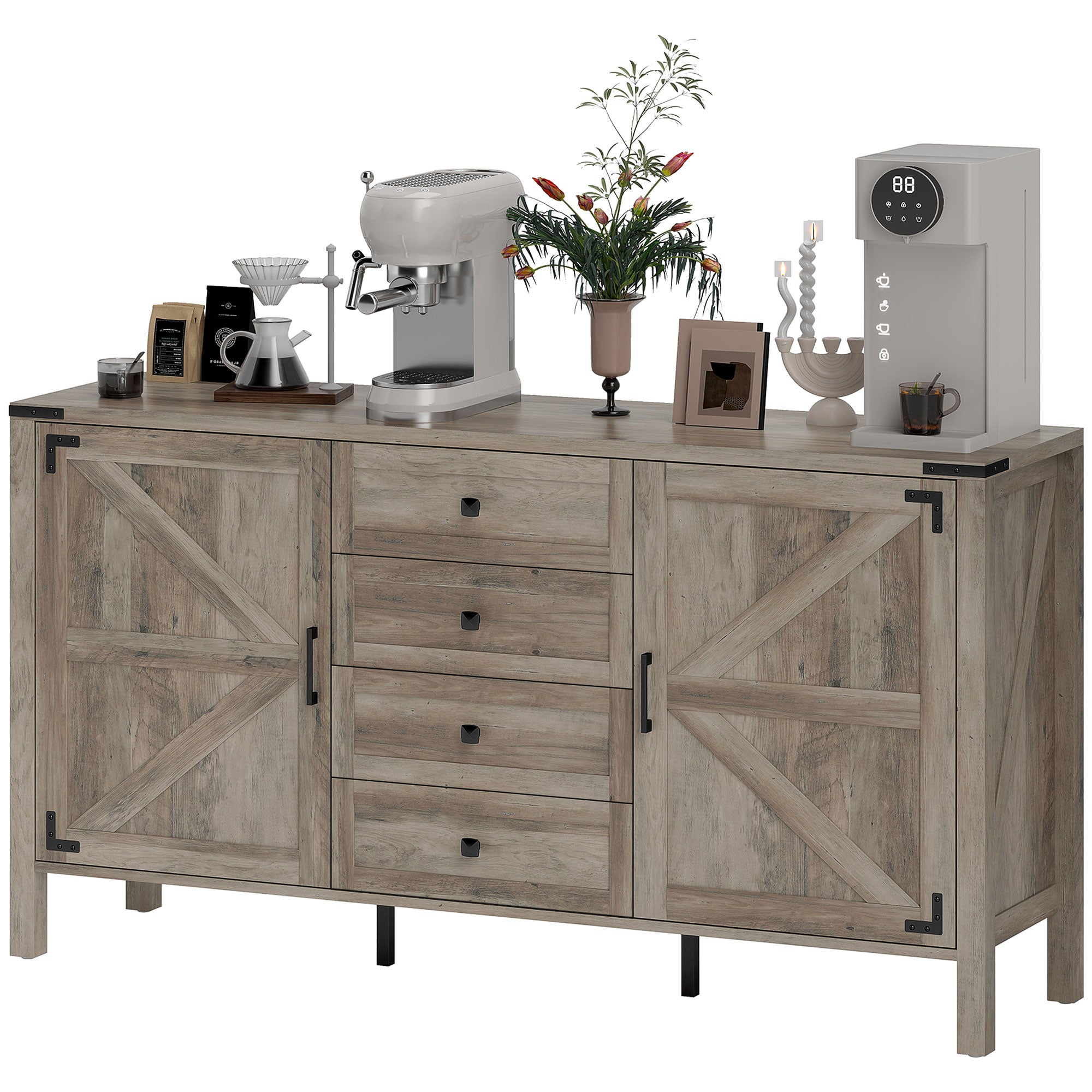 30" Buffet Cabinet, Farmhouse Sideboard with 1.2" Thick Top, 2 Barn Doors, Drawer and Adjustable Shelf, White