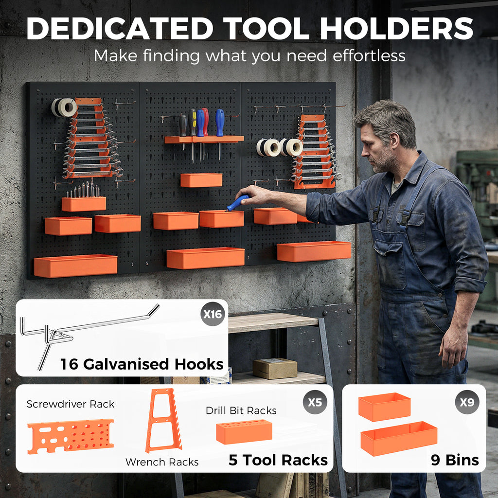 33 Piece Metal Pegboard Panels, Peg Board with 16 Hooks, Bins and Racks, Black and Orange