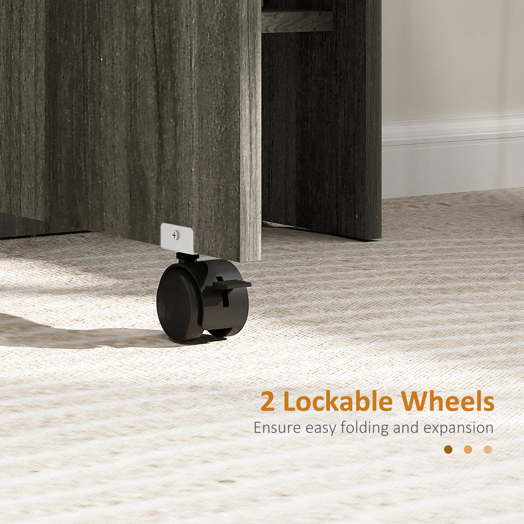 Extendable Dining Table, Collapsible Folding Table w/ 2-tier Shelves and Rolling Casters, Grey Wood Grain