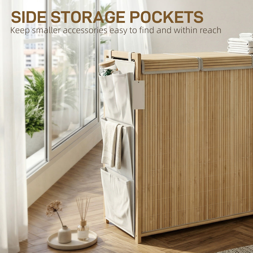 Bamboo Laundry Hamper with Removable Drawstring Bag and Side Storage Pockets, 20 Gal, Natural