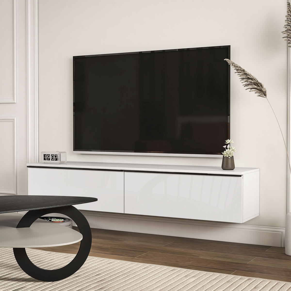 Wall Mounted TV Stand, Floating TV Cabinet for up to 70" TVs with Storage, High Gloss Effect, White