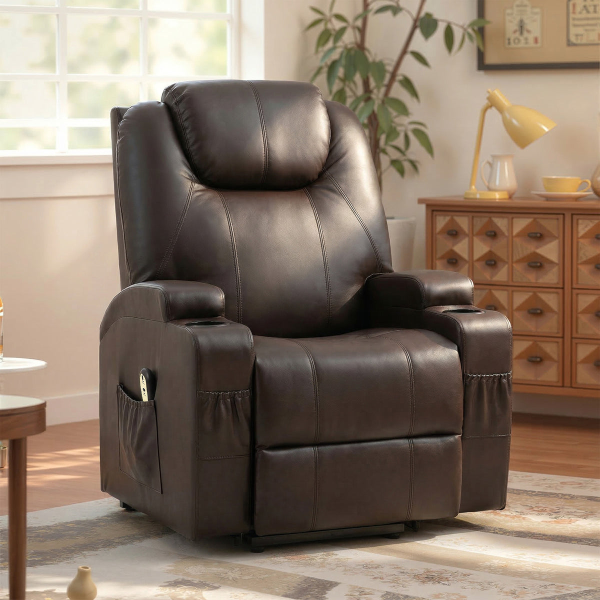 Power Lift Recliner Chair for Elderly, PU Leather Lift Chair with Thick and High Back, Footrest, Remote, Side Pockets, Cup Holders, Reclining Sofa for Living Room, Black