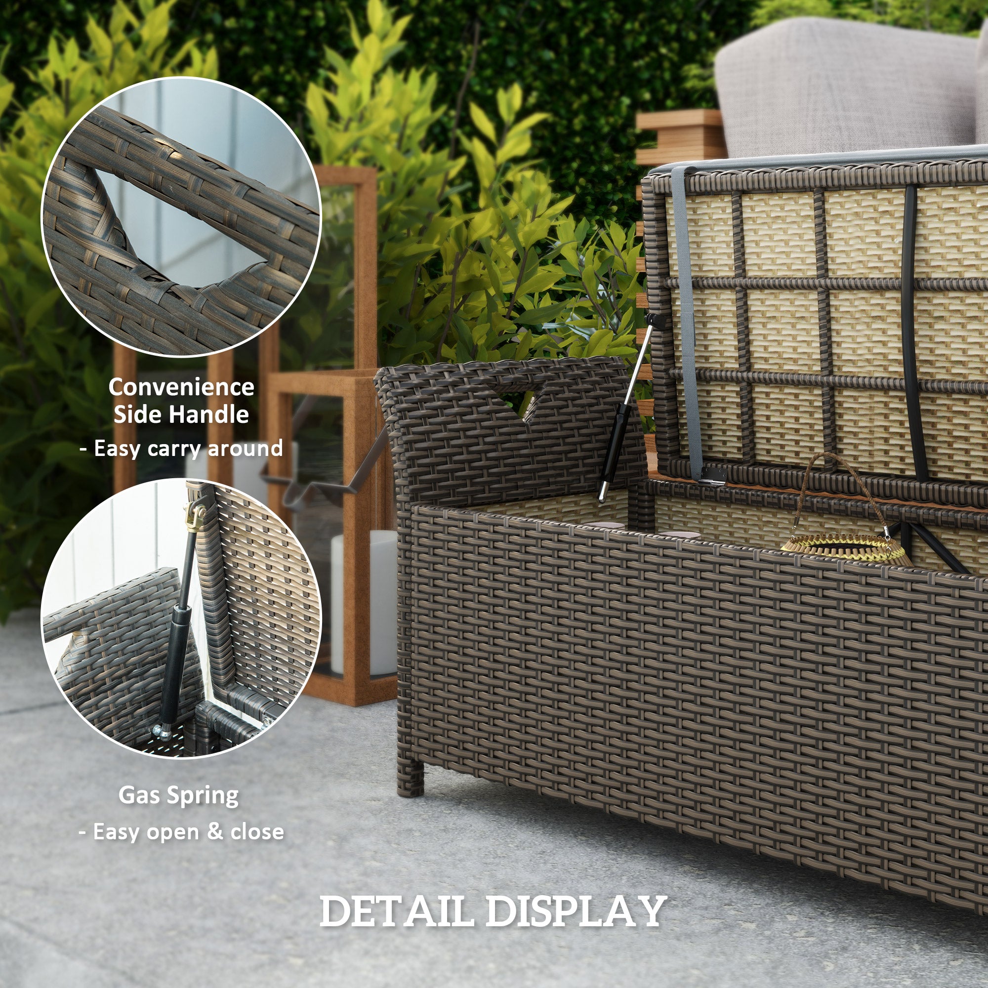 2-In-1 Outdoor PE Rattan Storage Bench, 29 Gallon Patio Wicker Furniture, Basket Box with Handles and Cushion Dark Grey