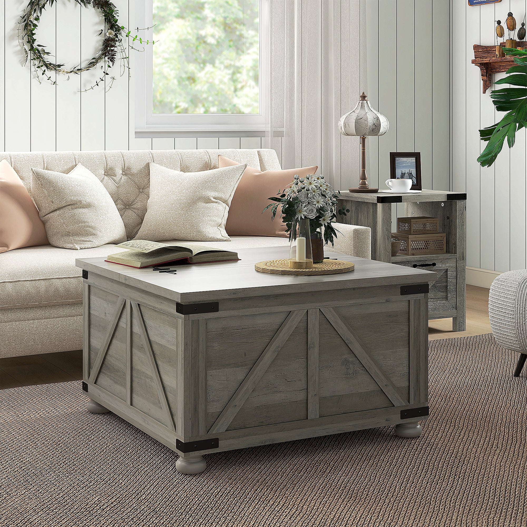 Farmhouse Coffee Table, Square Center Table with Flip-top Lids, Hidden Storage Compartment and Wooden Legs, Distressed Grey