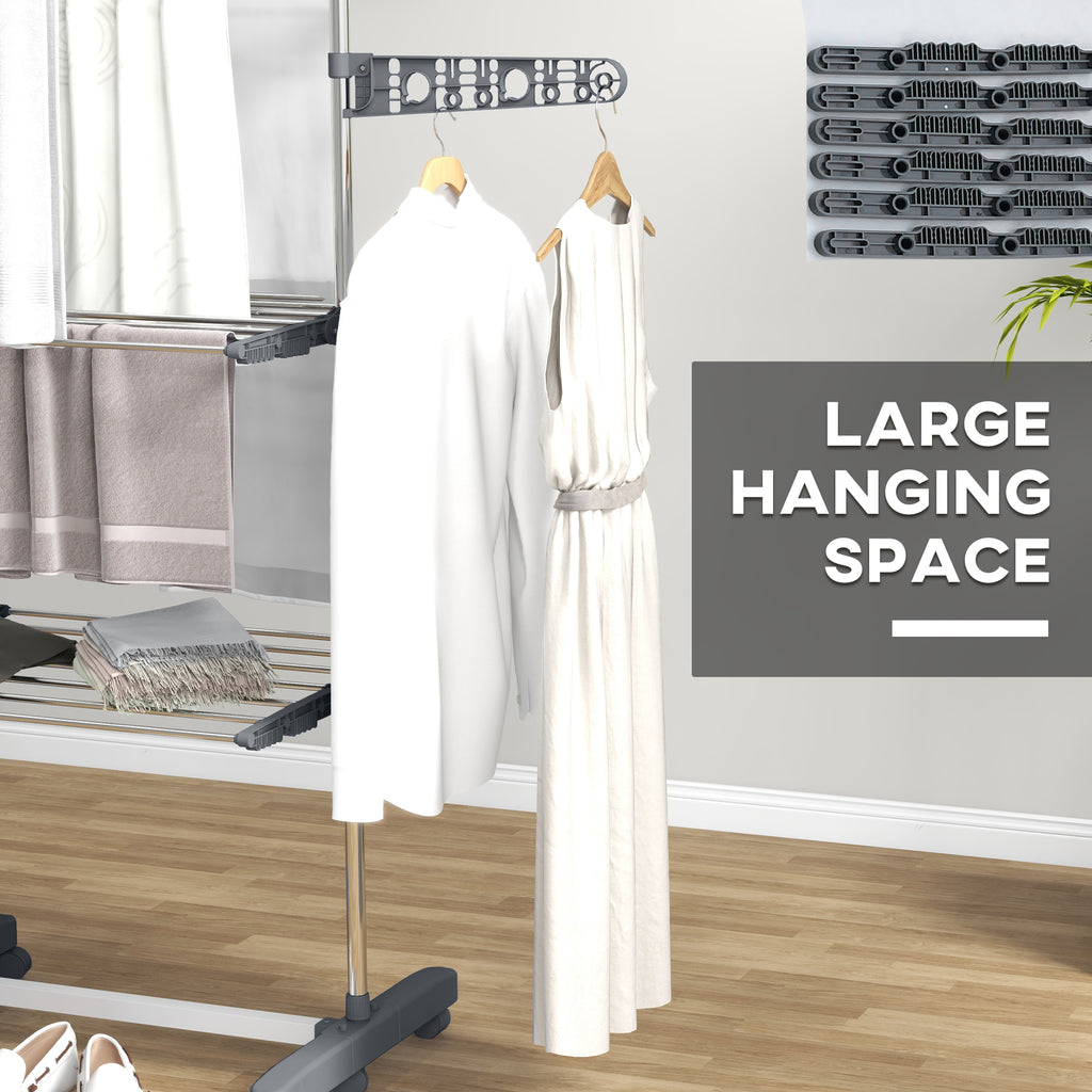 3-Tier Foldable Clothes Drying Rack, Stainless Steel Laundry Rack with 2 Side Wings and 6 Castors, Collapsible Adjustable Clothes Airer for Indoor Outdoor, White